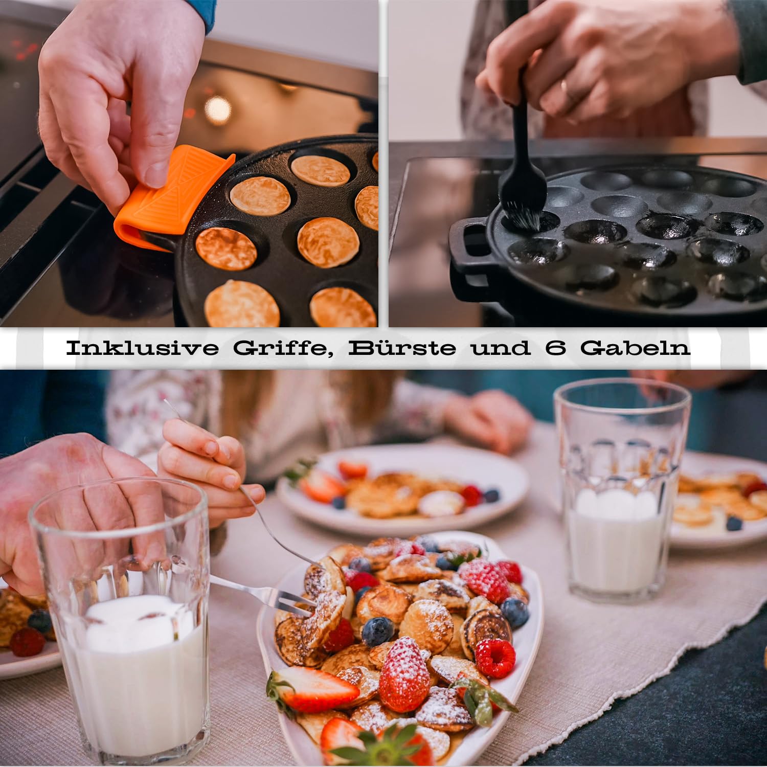 IRONO Poffertjes Pfanne - Poffertjes Maker - 19 Mini Pfannkuchen - Pancake Pfanne - Gusseisen Pfannkuchenpfanne - Eier Crepe pfanne - Inkl. Butterpinsel, Wendegabel, 6 Gabeln, Teigflasche, Griffe
