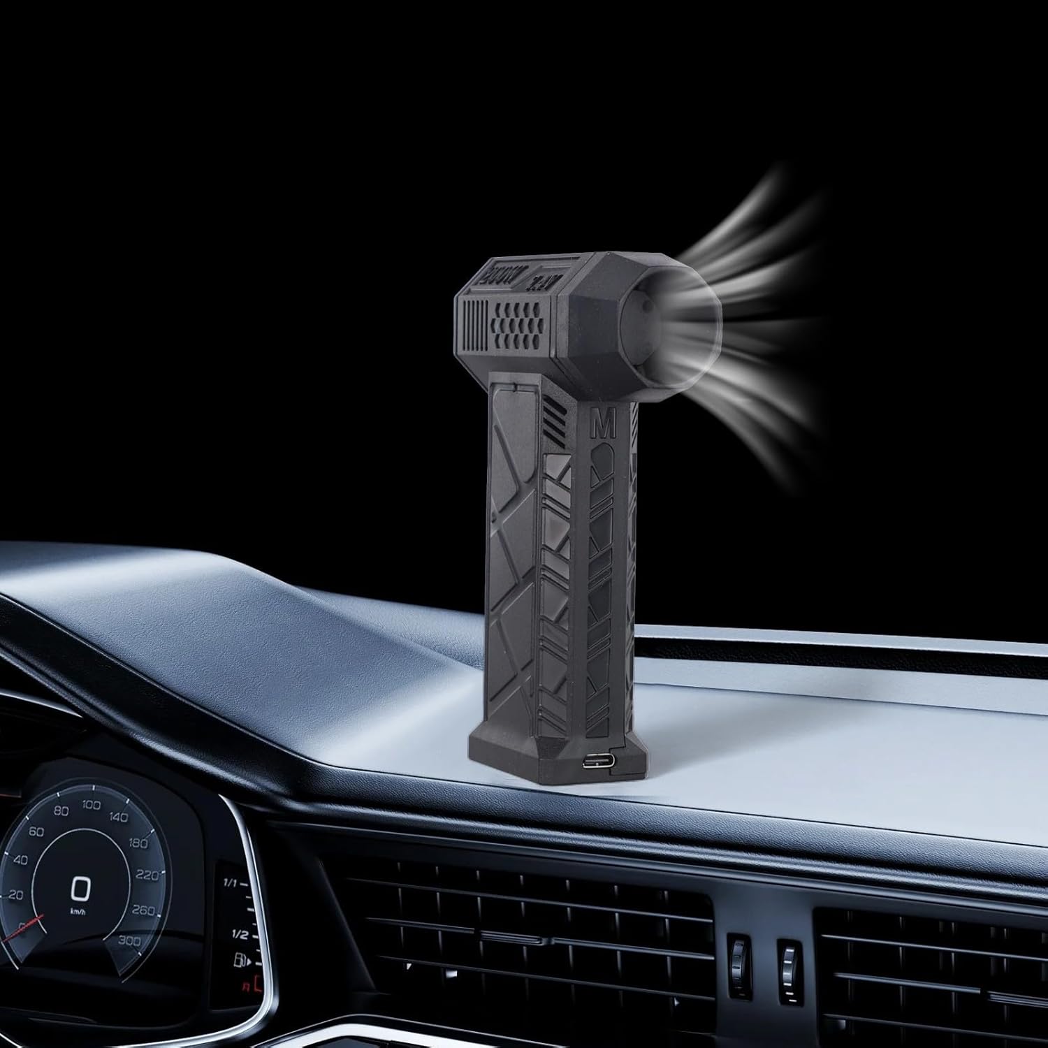 Air duster cleaning a car dashboard