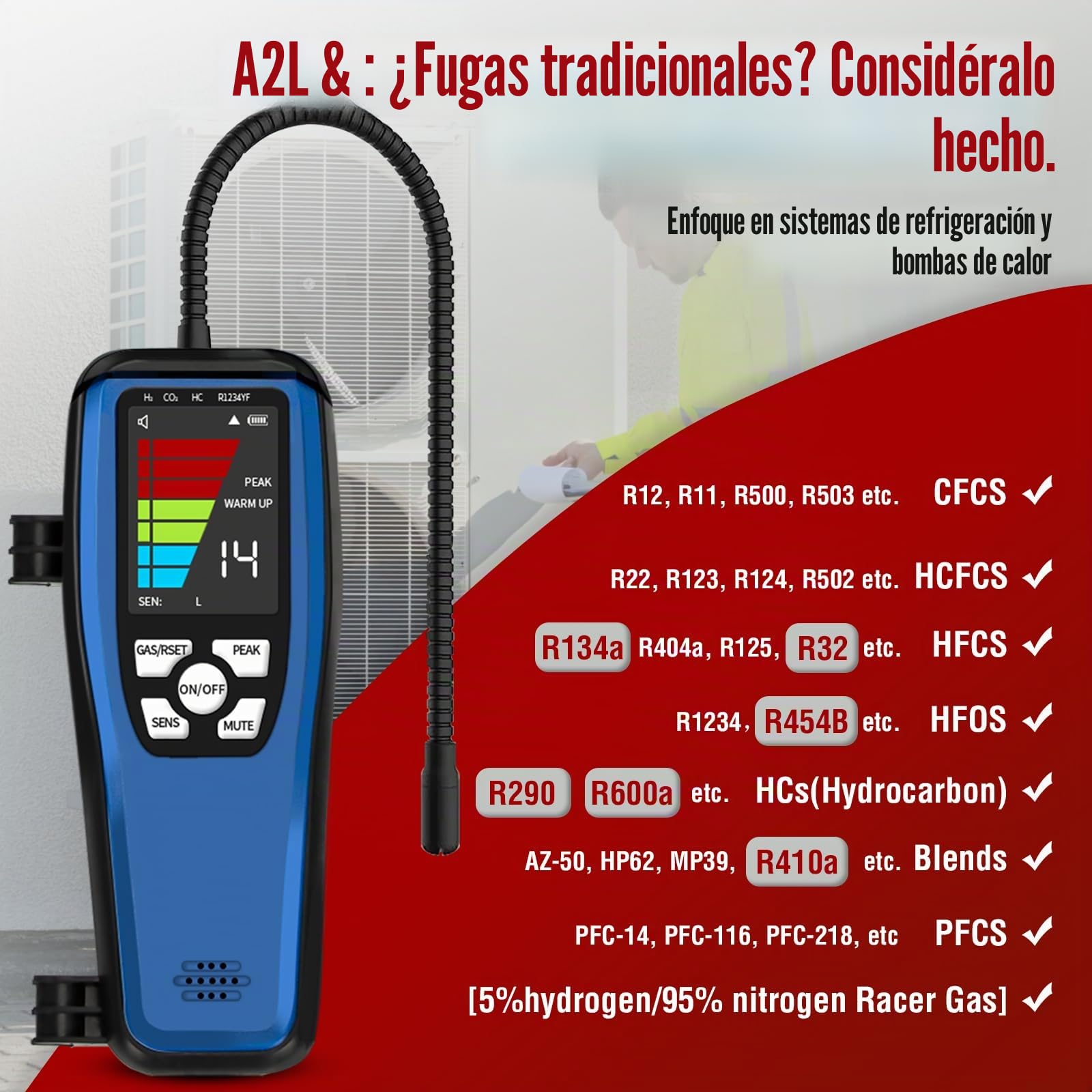 Aprvtio ALD-100 Detector de Fugas de refrigerante, Detector de Fugas con batería de 3000 mAh, Pantalla Grande de 2,8", alarmas visuales y auditivas, Detector Fugas freon para R32, R134a, R454B (1)