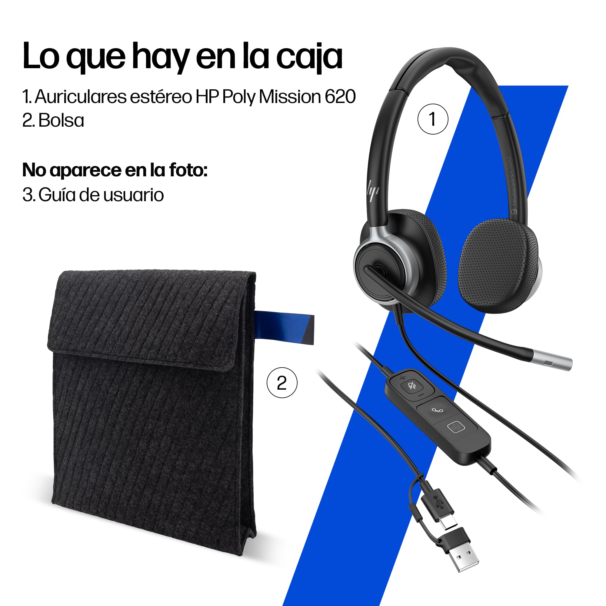 HP Poly Mission 620 Auricular USB-C Estéreo Profesional para Uso Diario Intensivo, Micrófono con Cancelación de Ruido con IA, Indicador de Llamada en Uso, Comodidad Todo el Día, PC y Mac