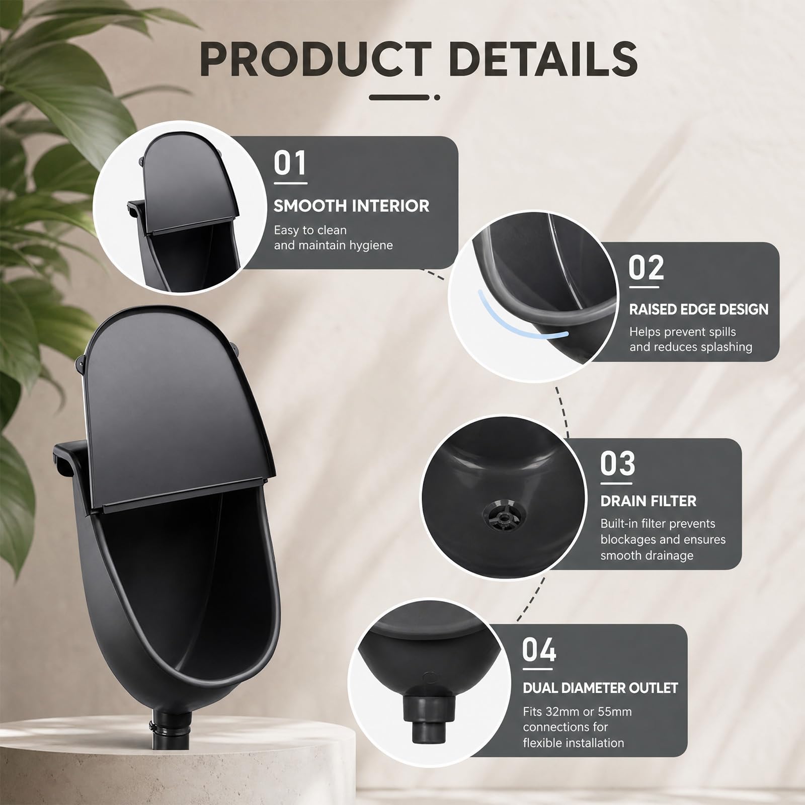 Wandurinal Männer, Urinal für Männer, Wasserloses Urinal mit Spritzschutz