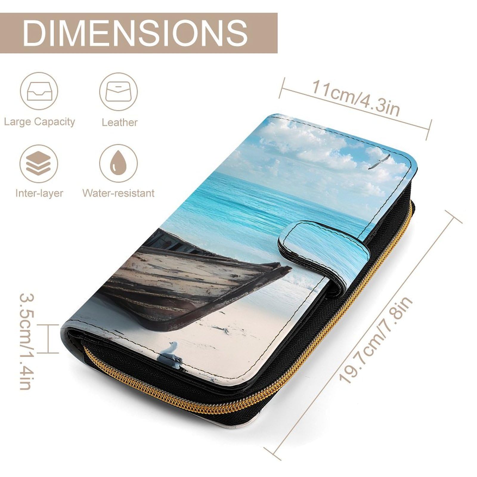 Boat on Beach Seagulls Long Wallet PU Leather Credit Card Holder Durable Zippered Purse Clutch Wallet