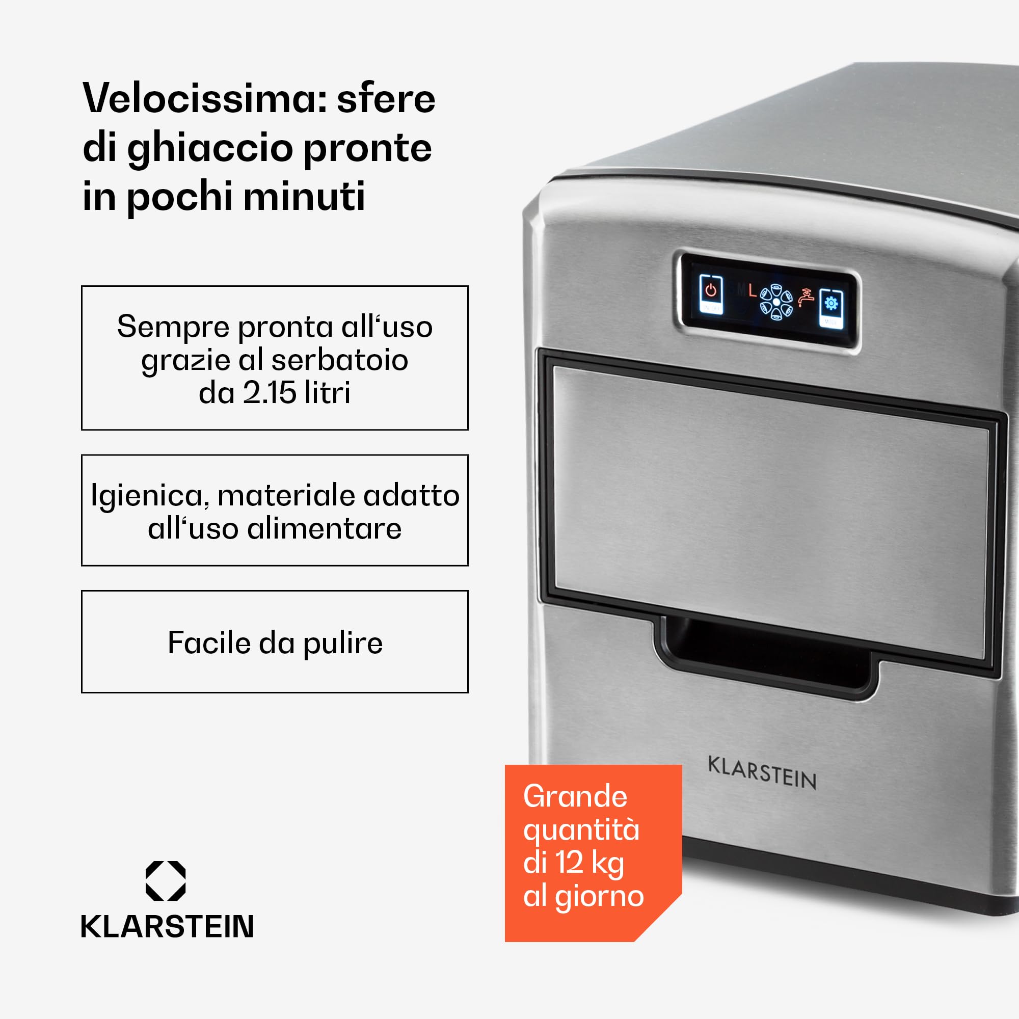 Klarstein Macchina Ghiaccio 2.1L, Macchina del Ghiaccio Professionale, Fabbricatore Secco Alimentare 12kg, Cubetti di 3 Diverse Dimensioni, Casa Autopulente Cocktail