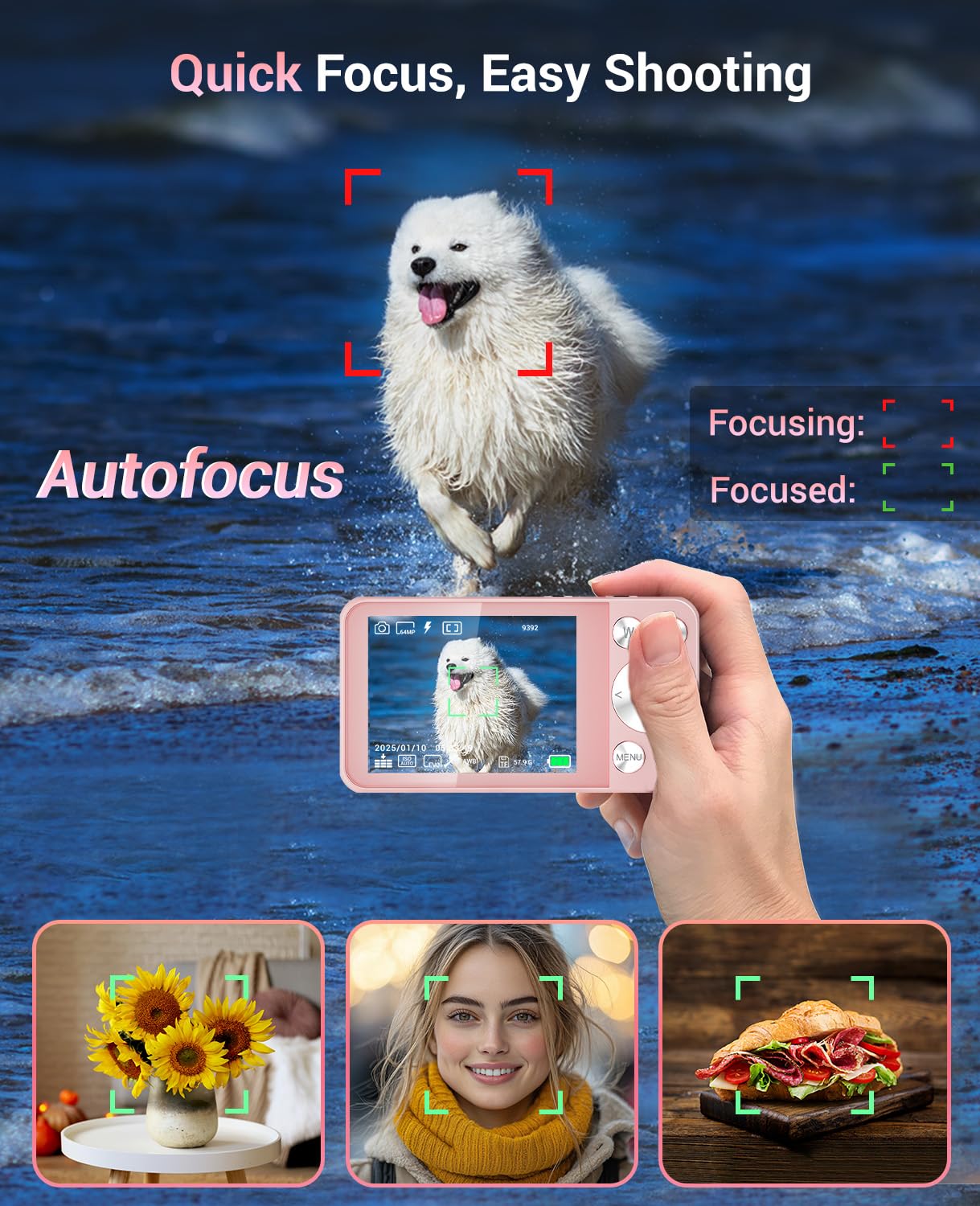 Macchina Fotografica Digitale 4K 64MP, Wevoor 32GB Fotocamera Digitale | Fotocamera Compatta, 2,8” Schermo, Zoom Digitale 18x, Batteria da 2000mAh per Principianti Bambini Adolescenti - Rosa