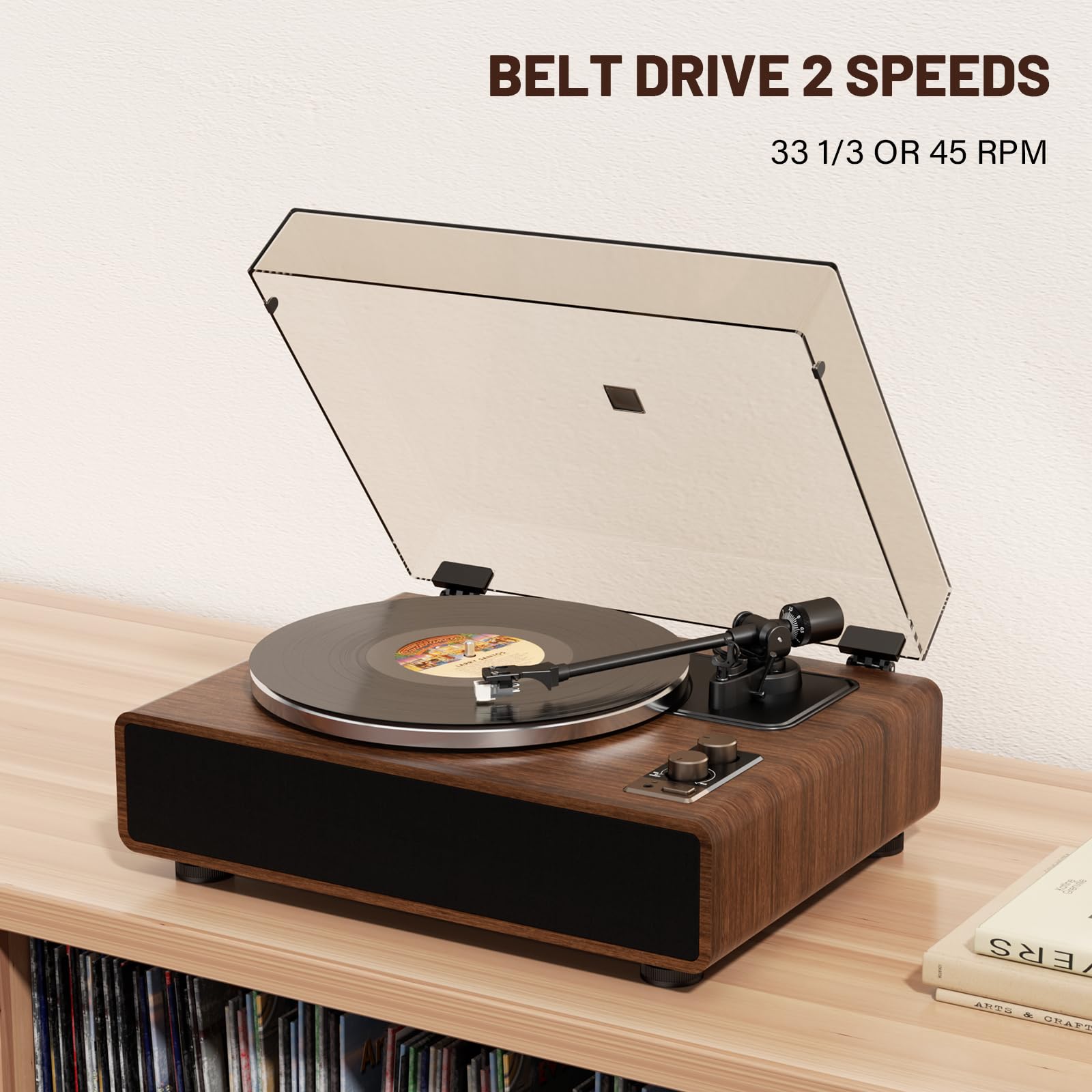 Giradischi Bluetooth HiFi, Giradischi Vinili a Cinghia 33/45 RPM con Testina AT-3600L, Altoparlanti Integrati, Ingresso AUX/RCA, Auto-Off