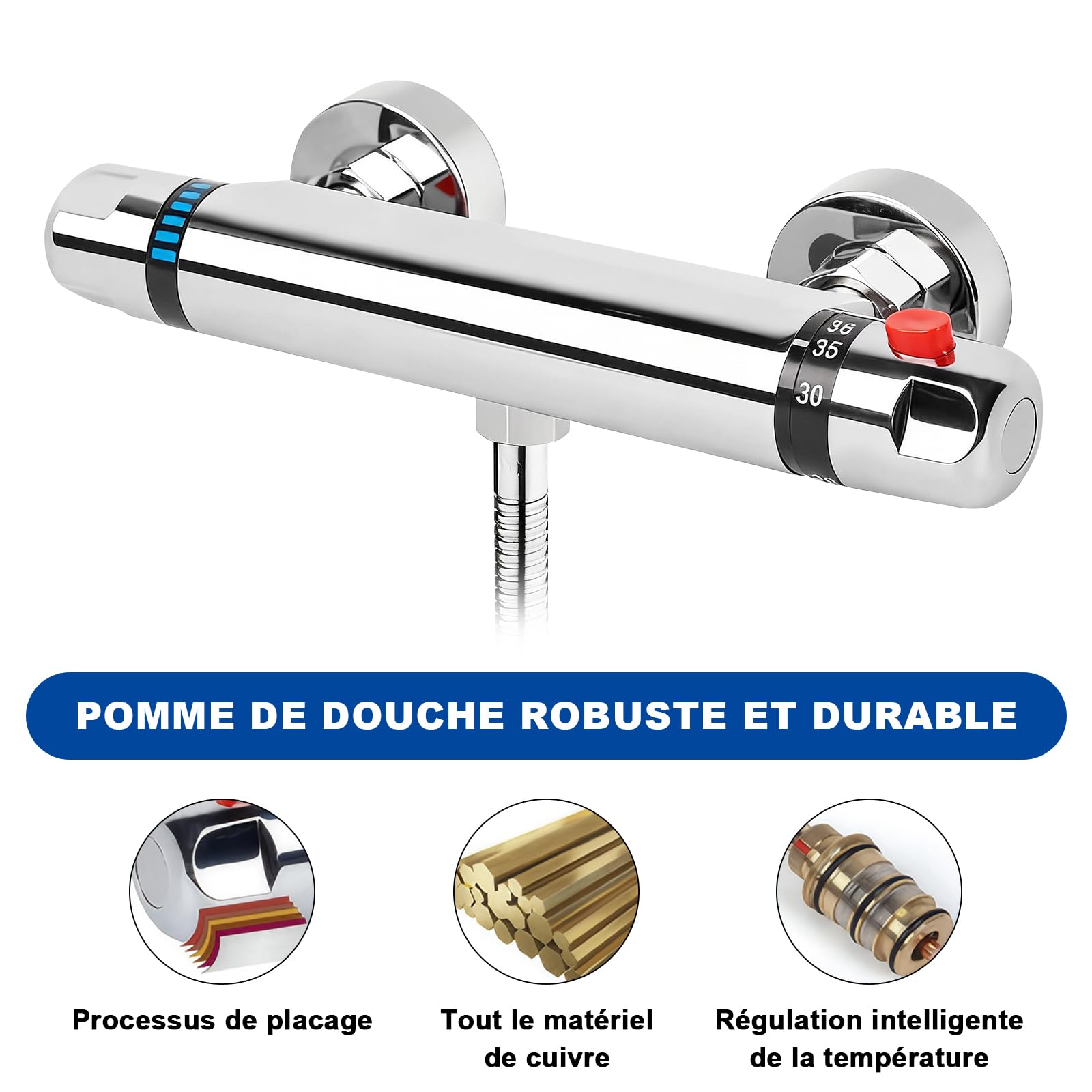 Mitigeur Douche Thermostatique, 135-160 mm Universel Robinet Douche Laiton Thermostatique avec Bouton Sécurisé à 38°C de Douche Chromé Mitigeur Thermostatique