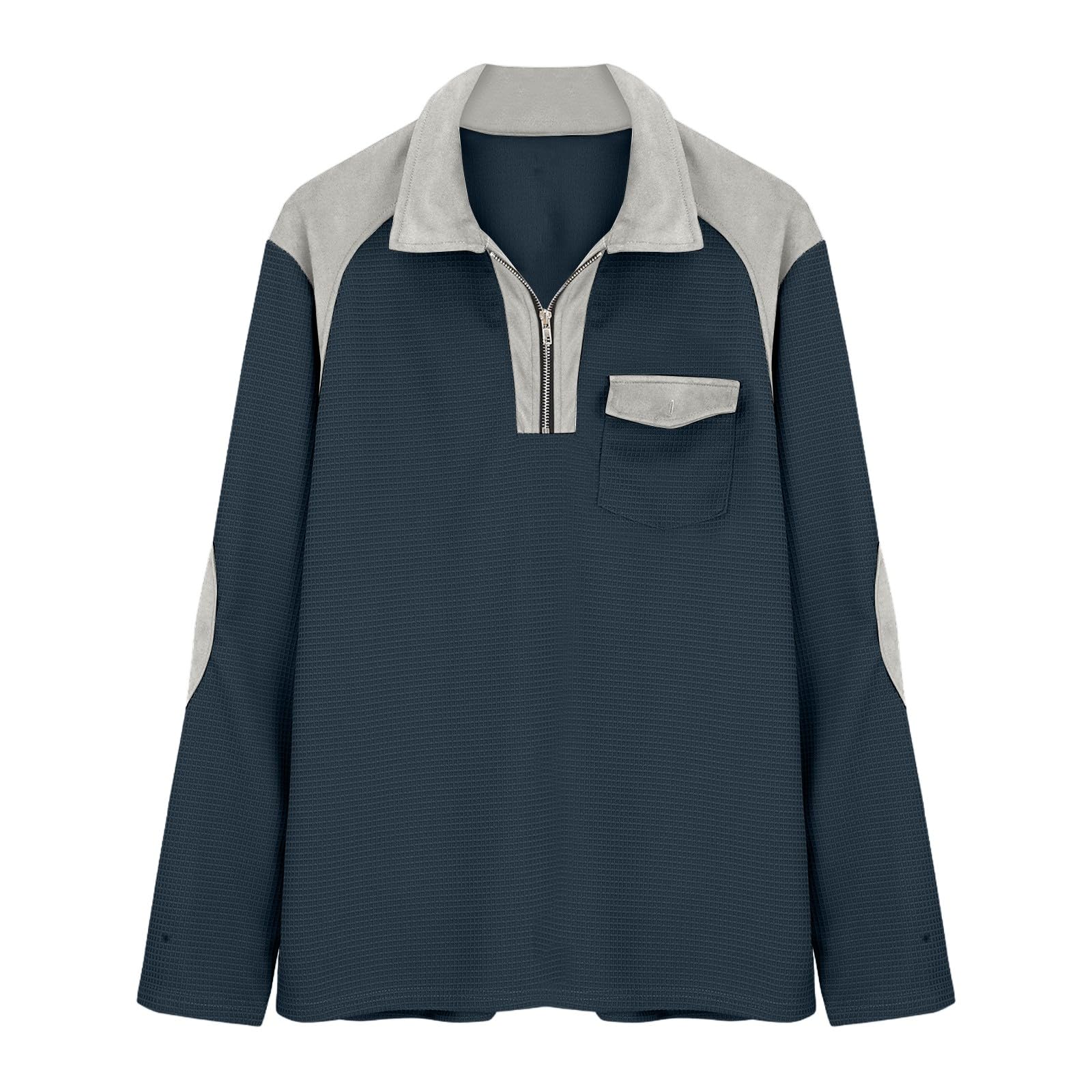 Waffel Karohemd Langarm Herren Sweatshirt mit Klappentasche Vintage Revers Shirt Reißverschluss Herrenshirt Stylisch lässige Hemd Longsleeve für Männer