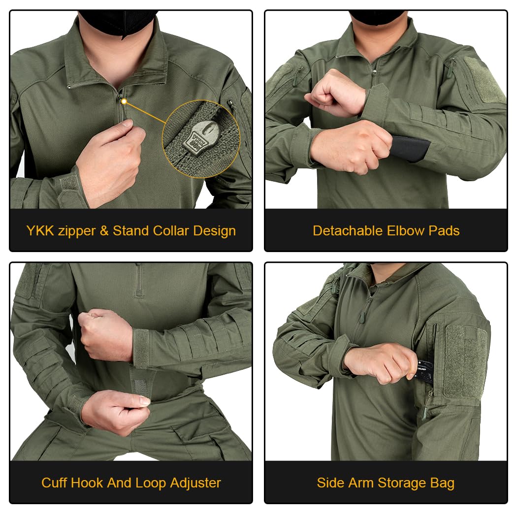 IDOGEAR Chemises De Combat Chemise Tactique à Manches Longues avec Coudières Chemises Militaires avec Poches Vêtements Airsoft Hauts