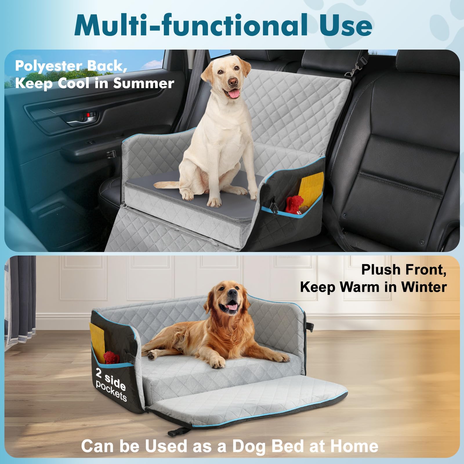 Hundesitz für Auto, Hundebett für große Hunde bis 27 kg oder 2 kleine Hunde, komfortabler Autositz mit Stützschaum-Polster, abnehmbar & waschbar, Rückbanksitz für Haustiere, Schwarz+Grau