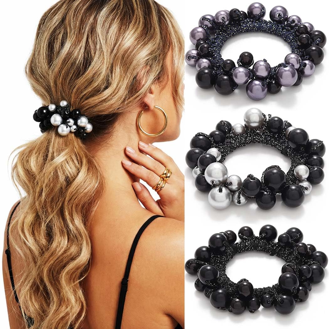 Fashey Pearl Scrunchie Beaded Hair Ties Decorative Hair Accessories for Women (Beige, Brown)