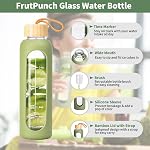 FrutPunch 18 OZ Glass Water Bottles, Water Bottle with Time Marker, Leakproof Glass Water Bottles with Silicone Sleeves, Suitable for Offices and Gyms (Green)