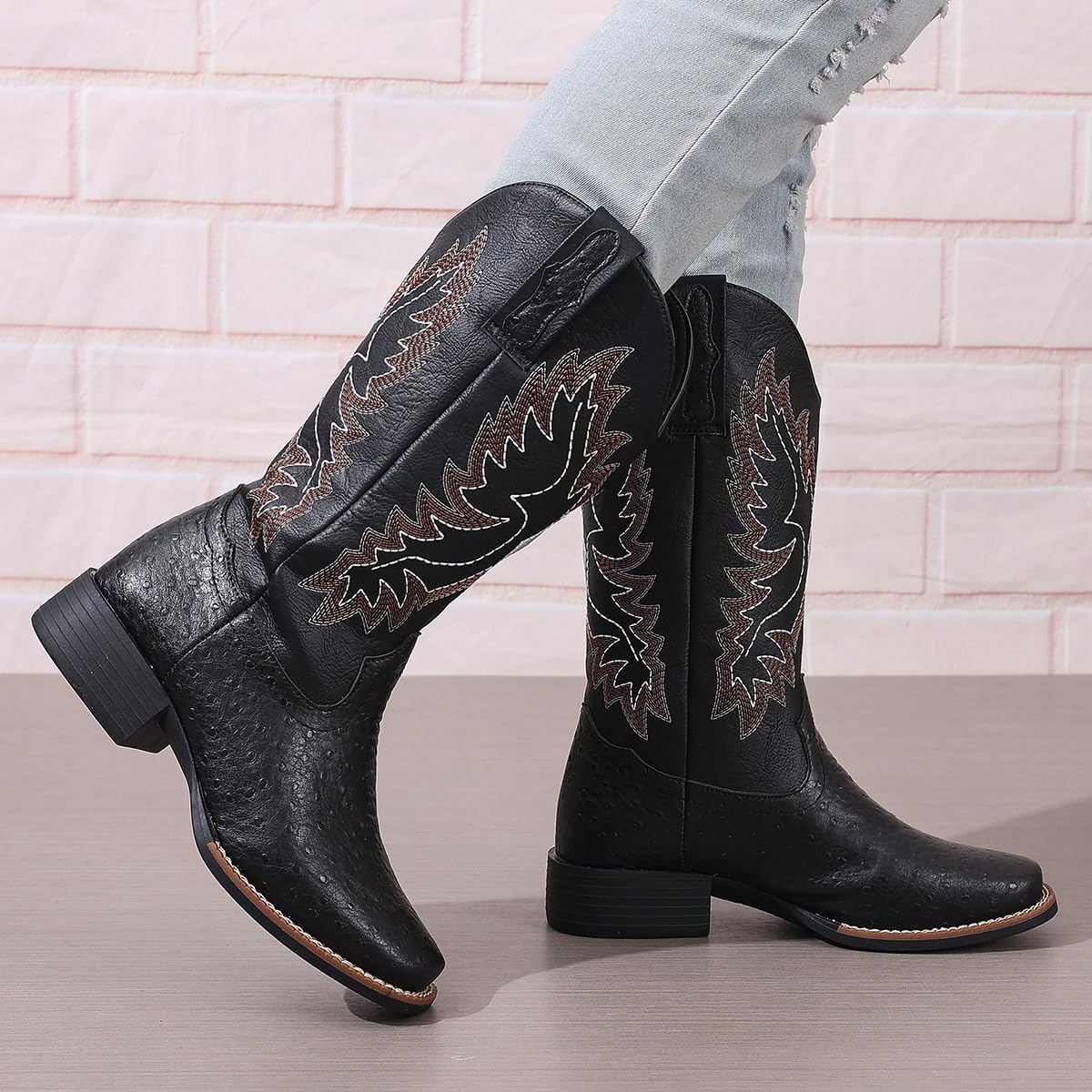 SelRoys Cowboy Boots for Women Cowgirl Western Mid Calf Square Toe Embroidered Low Heel Fashion Country Boots