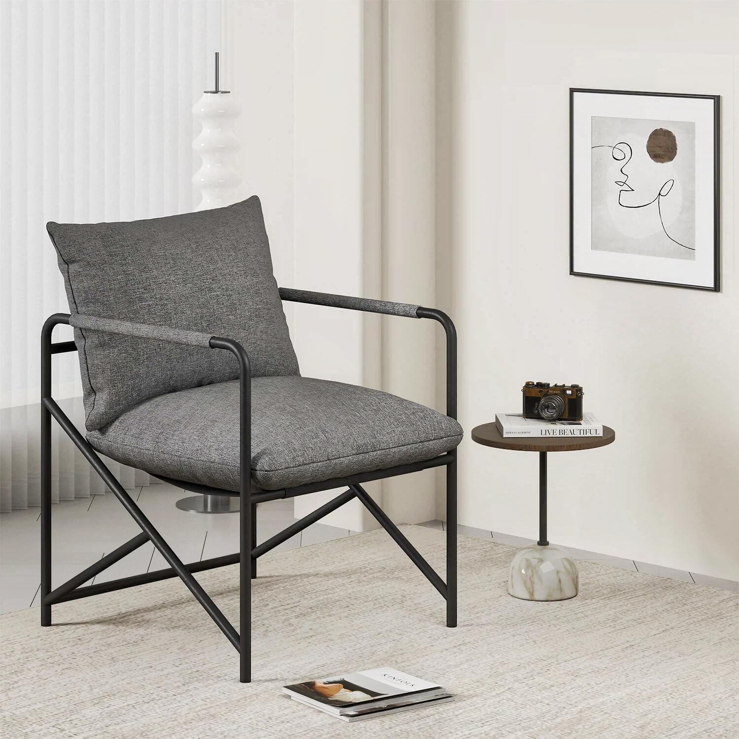 naspaluro Lounge Sessel mit Metallgestell, Moderner Sling Akzentstuhl mit Ergonomischen Kissen & Memory-Schaum, Gemütlicher Lesesessel für Wohnzimmer, Schlafzimmer, Ankleidezimmer, Dunkelgrau