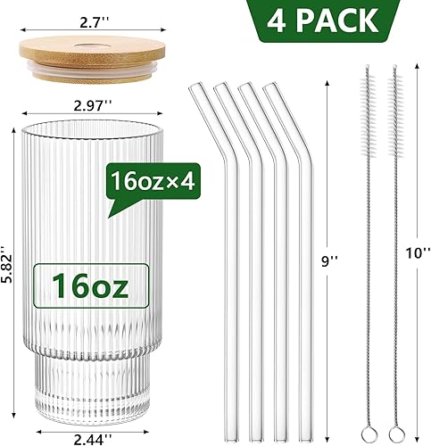 Miniatura 3 de Juego de 4 vasos de vidrio con tapa y pajita, vasos de 16 onzas para whisky, cóctel, cerveza, juego de cristalería acanalada para regalo (juego de 4)
