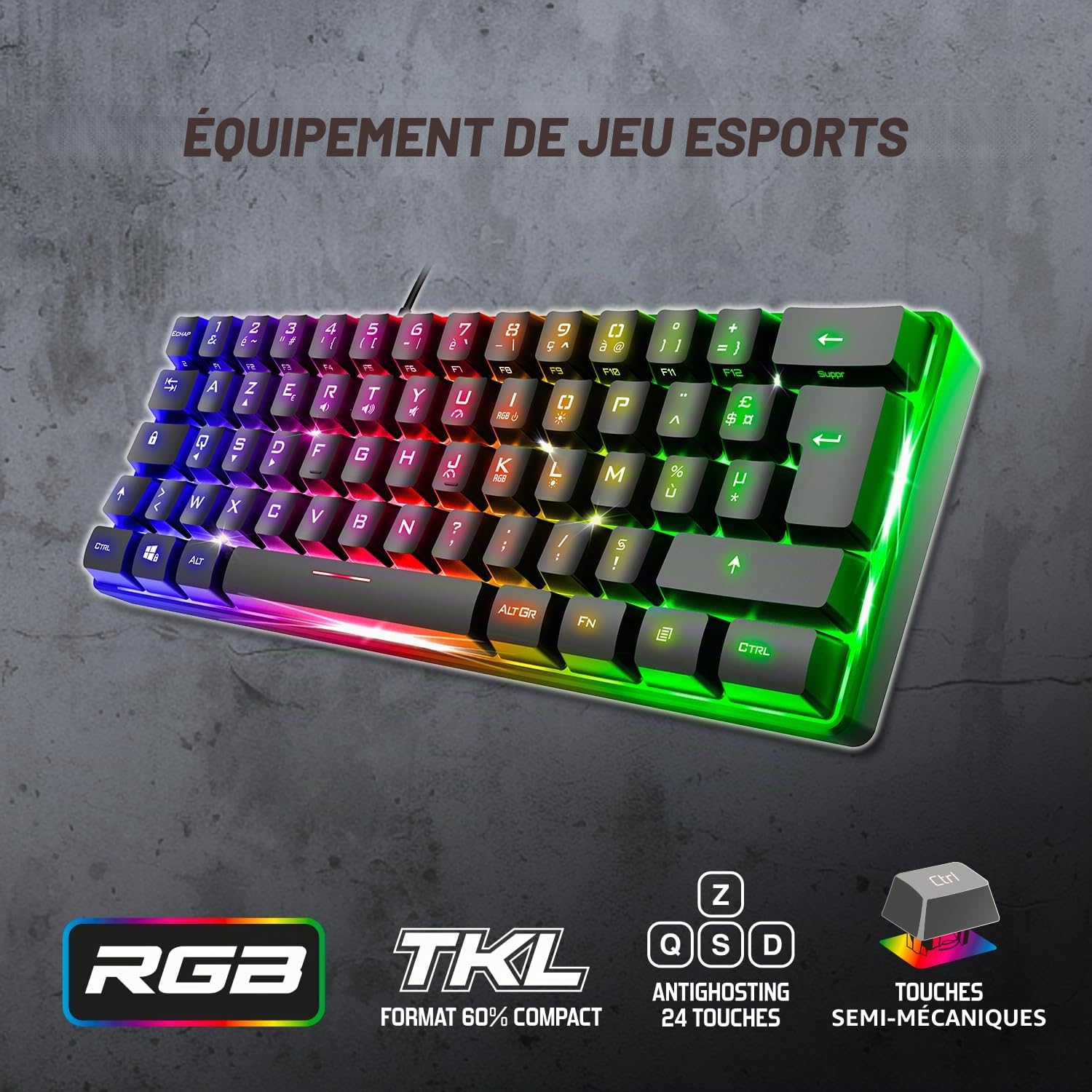 Spirit Of Gamer, Pack Clavier Souris Gamer Filaire RGB + Casque, Clavier Semi-Mecanique, Format Compact TKL 60%, Souris 12800 DPI avec 8 Boutons Programmables, Casque Gaming avec Micro Son Stéréo 2.0