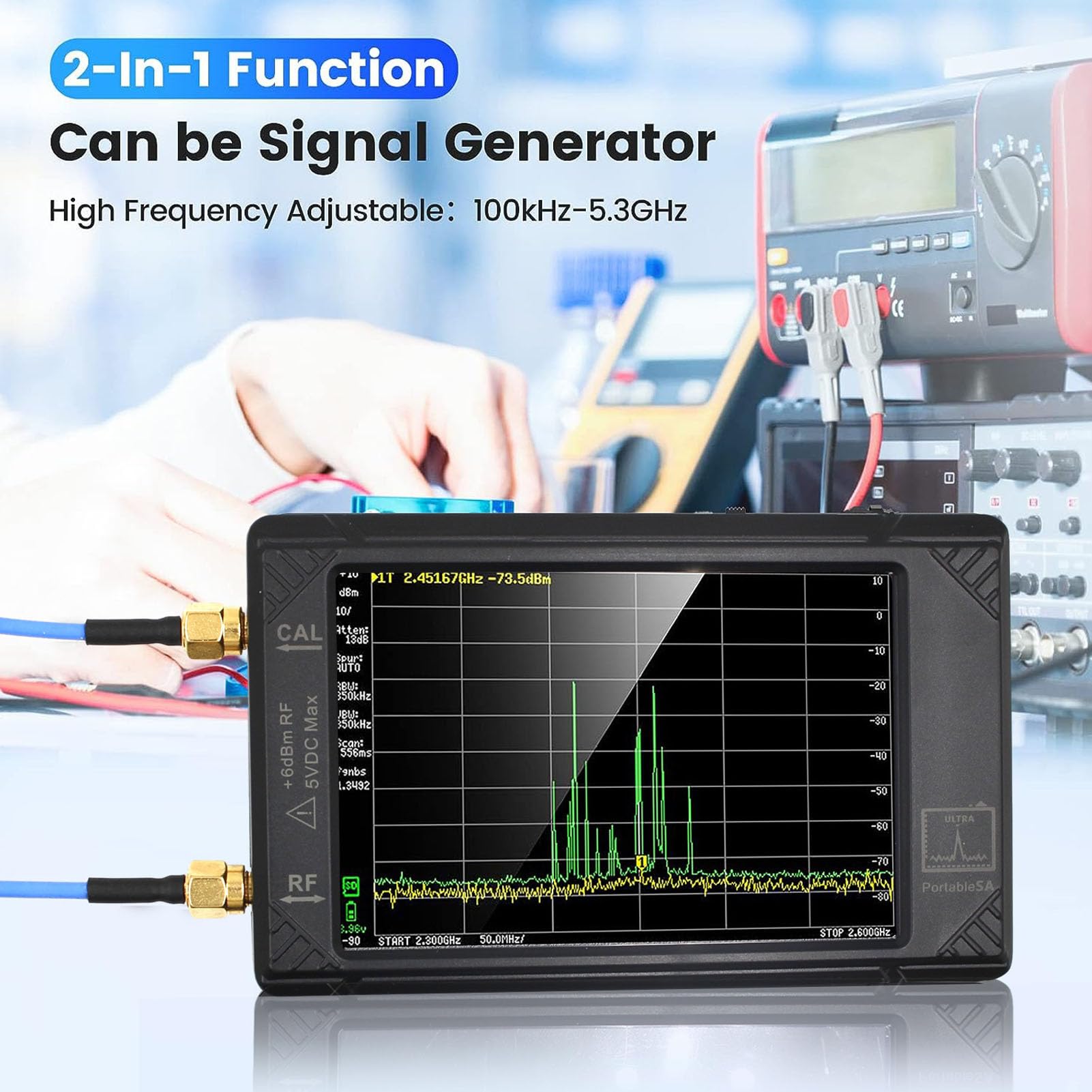 Bewinner Analizador de Espectro Handheld Tiny, 100kHz a 5.3GHz 2 en 1 Analizador de Frecuencia y Generador de Señal, Pantalla Táctil de 4 Pulgadas con Modo Ultra, Batería de 3000 MAh,