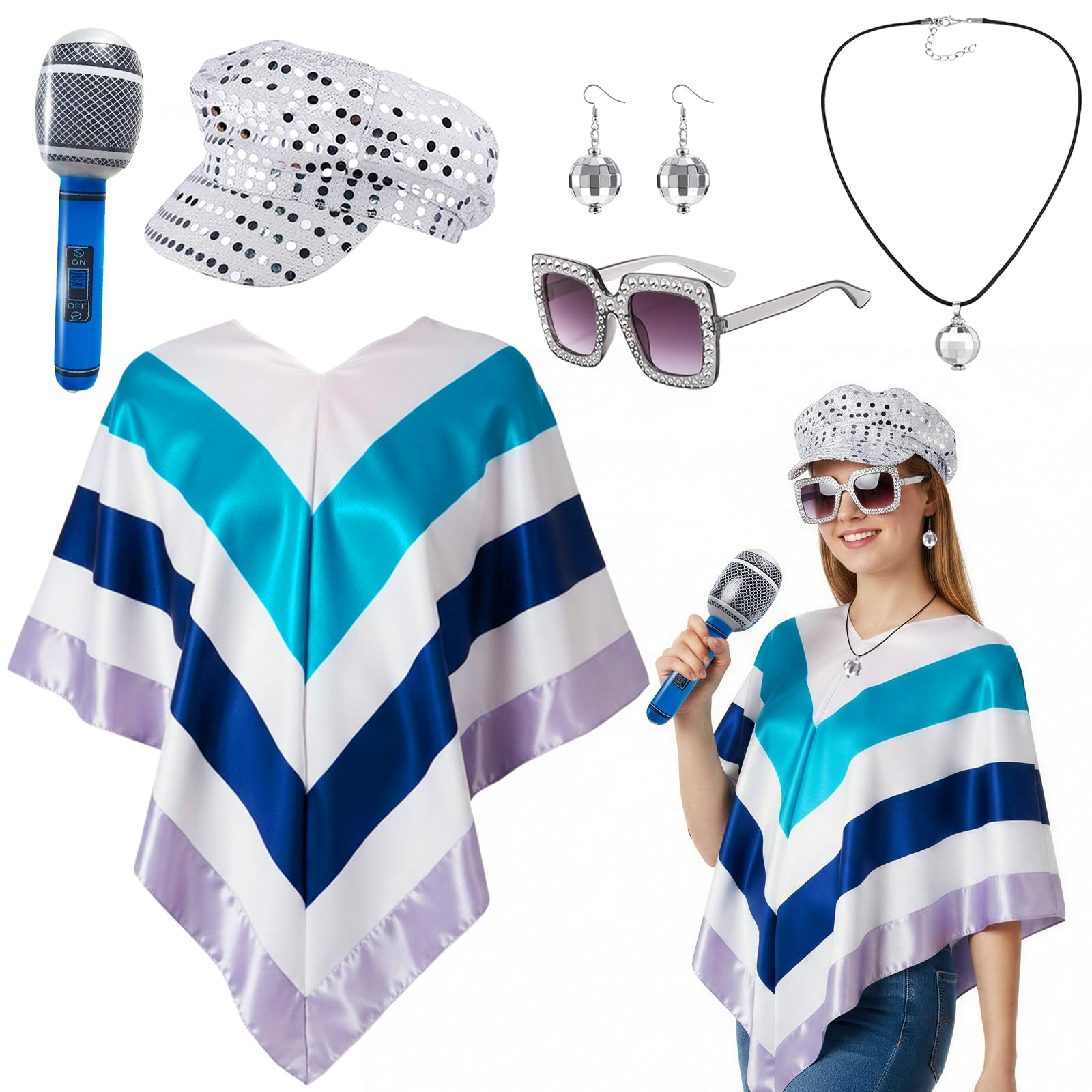6 Pcs Aba Outfits for Women, 70s Fancy Dress Set Disco Costume Accessories with Pop Poncho Sequin Hat Sunglasses Earrings Necklace Microphone, 1970s Disco Accessories for 70 Theme Party Dress Up