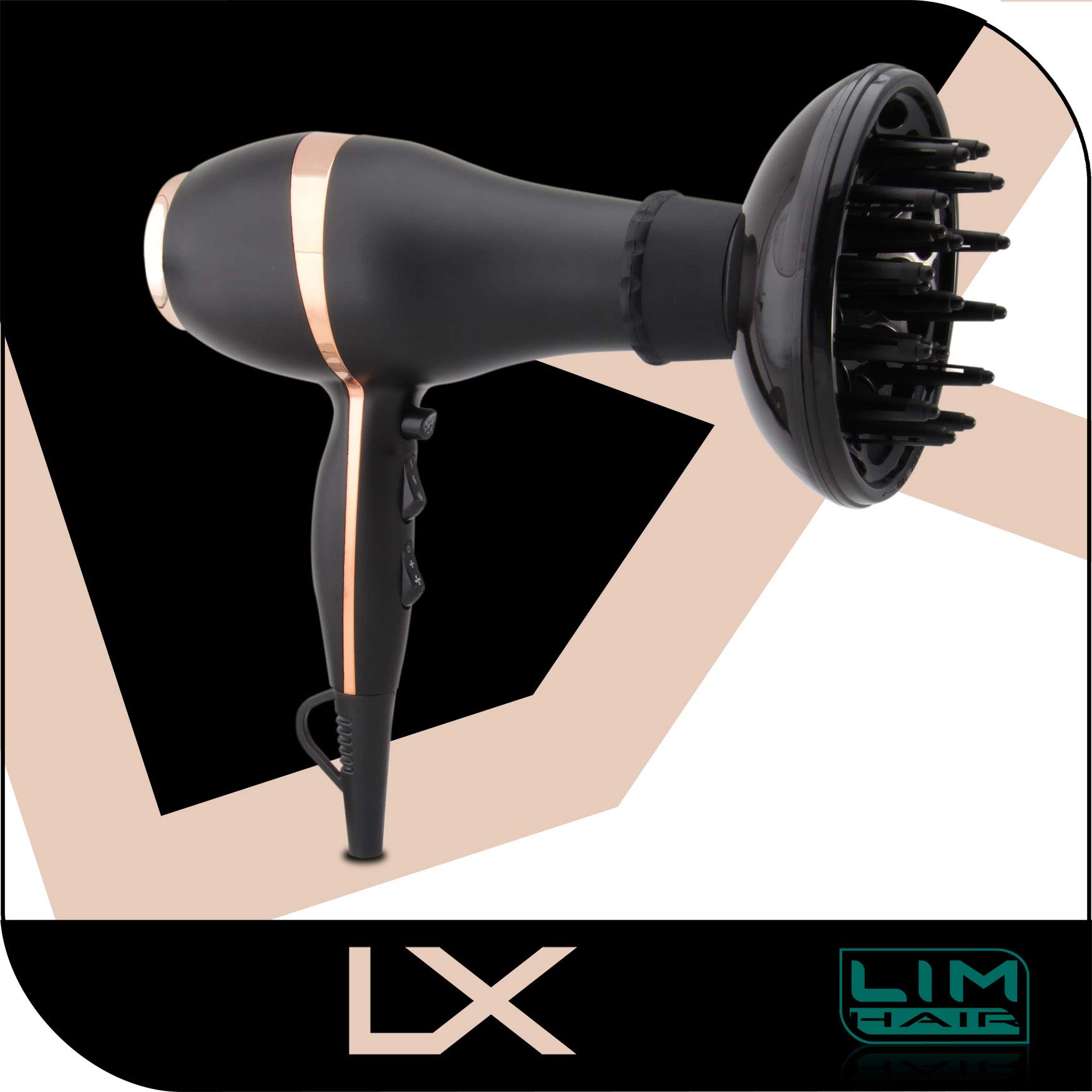 Secador de cabello LIM HAIR LX. LUXURY, NanoSILVER, 2200 W, PROFESIONAL, vida Extra larga,ligero. 2 boquillas y difusor (NEGRO)
