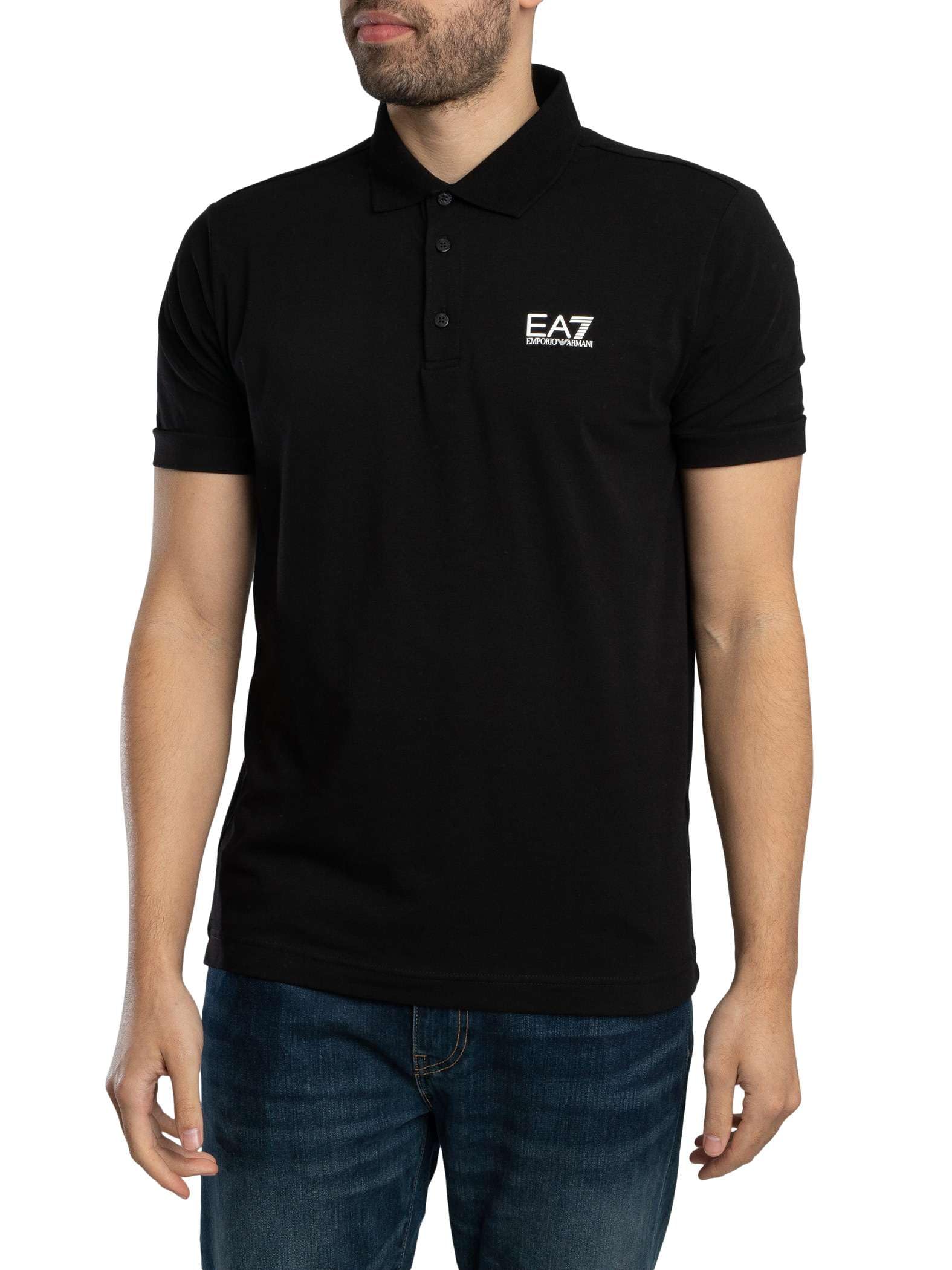 Ea7 Men's Black Stretch Polo In Cotton Jersey With Chest Logo Core Identity
