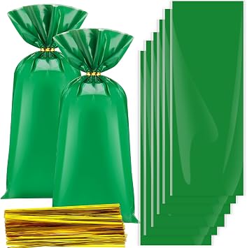 Clabby Green 100 Pcs Cellophane Treat Bags Plastic Goodie Snack Cookie Small Gift Party Favor Bags with Twist Ties for Birthday Baby Shower Wedding Gift Wrapping Supplies