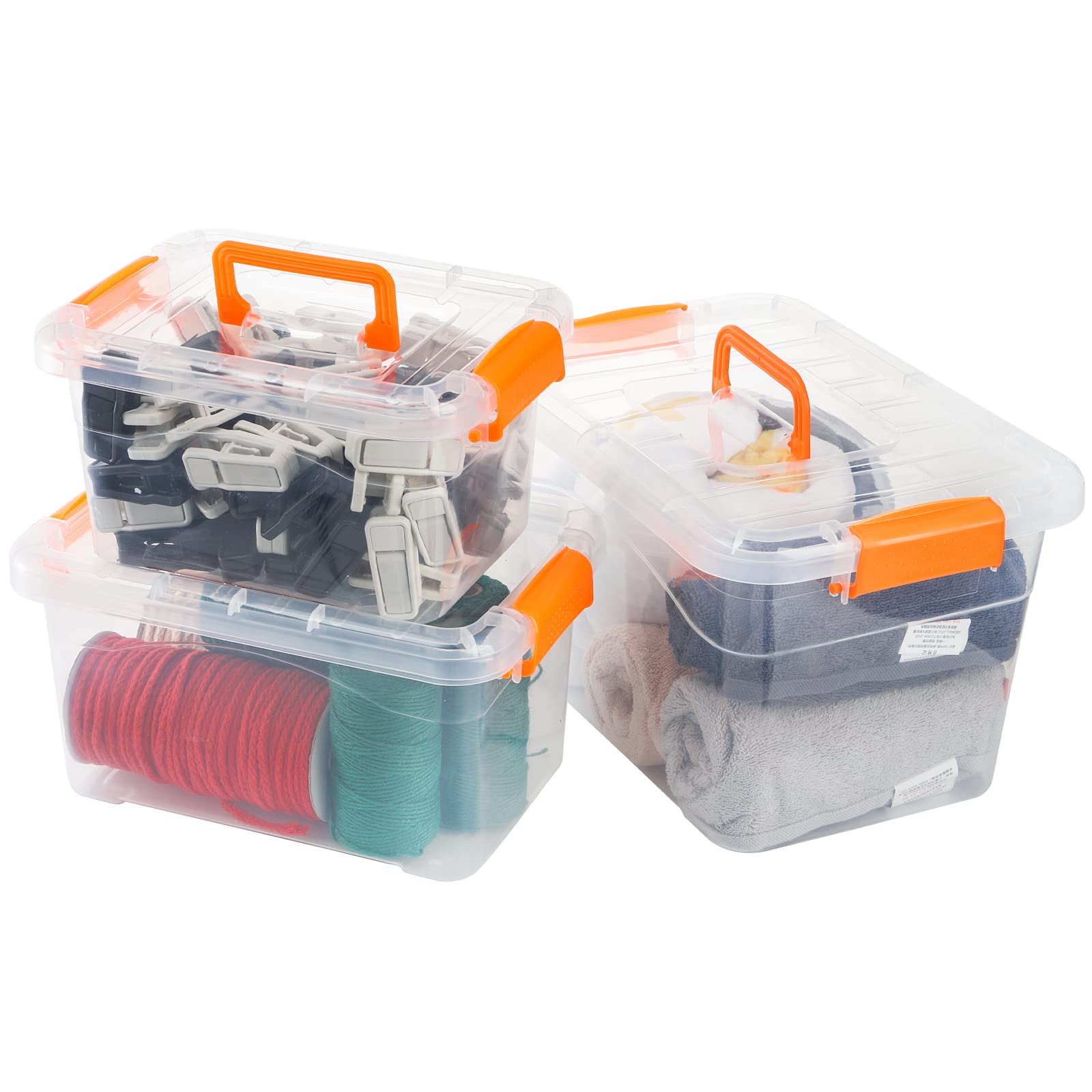 Jucoan 3 Pack Clear Plastic Storage Latch Bin with Lid, Stackable Plastic Storage Box with Latches and Folding Handles for Toys, Snacks, 6/7/14 Quart