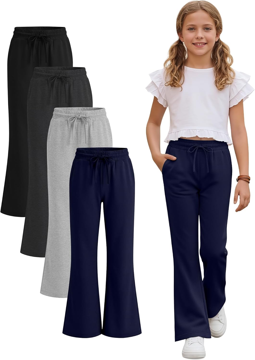 4 Pack Girls' Flare Wide Leg Sweatpants Drawstring High Waist Bell Bottom Athletic Pants Kids Sweats with Pockets
