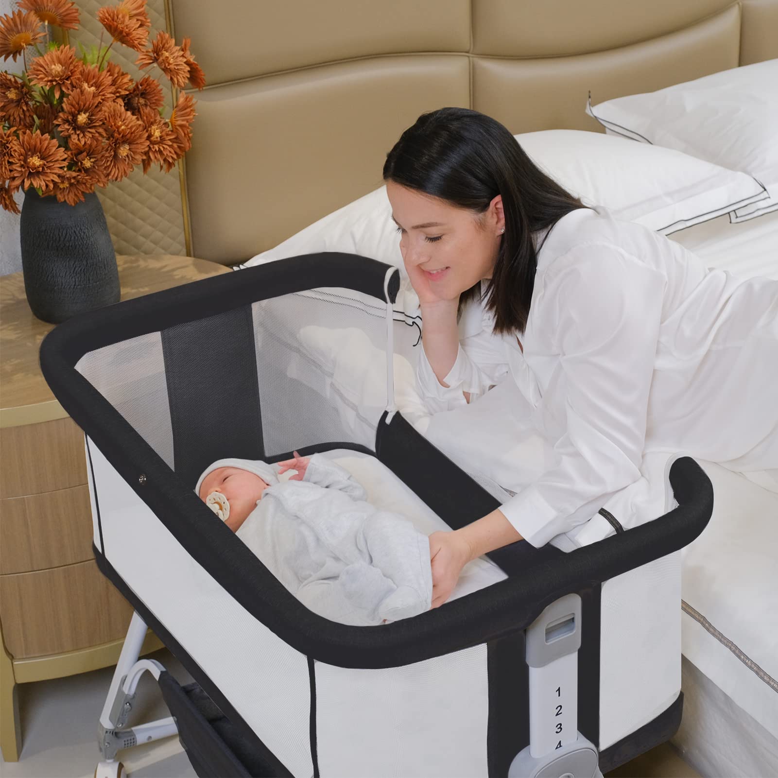 Baby Bassinet Bedside Sleeper for Baby with Wheels and Storage Barket ,All Mesh Portable Bedside Bassinet Co Sleeper for Newborn /Infant,7 Height Adjustable Easy to Assemble Bedside Crib(3 in 1,Black)