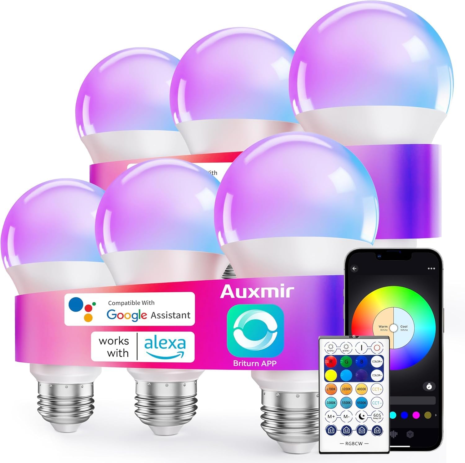 Auxmir Lampadina Alexa E27 Intelligente, Lampadine Smart LED Dimmerabile Multicolore RGB e 100+ Modalità, 10W 800 LM Compatibile con App, Alexa e Google Home, Controllo Remoto, 6 Pezzi