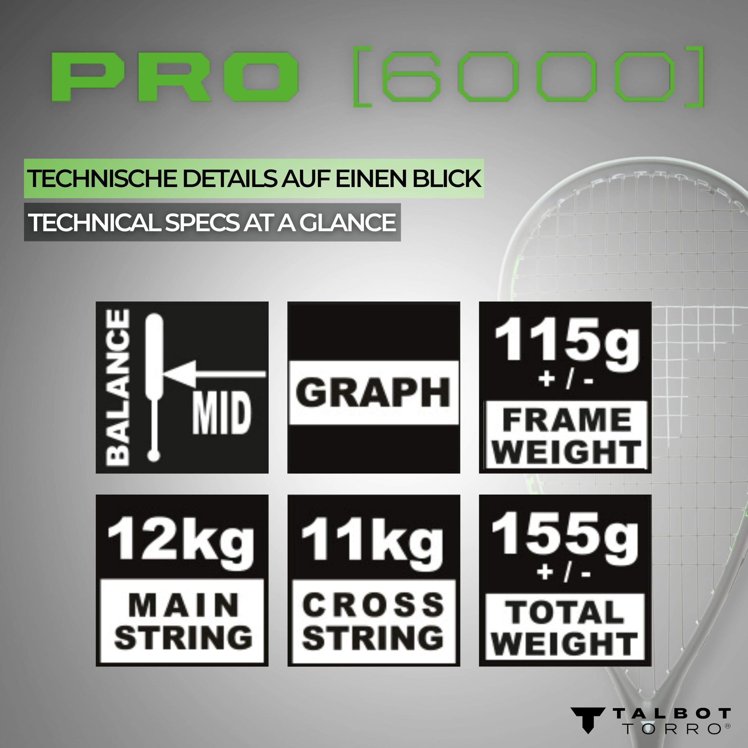 Raqueta de Squash Talbot-Torro Pro 6000 – Ultraligera y Potente | Carbono 4 | Máxima Aceleración de la Bola Gracias a su Diseño Ofensivo | Encordada y Lista para Jugar | para Jugadores Avanzados — view 6
