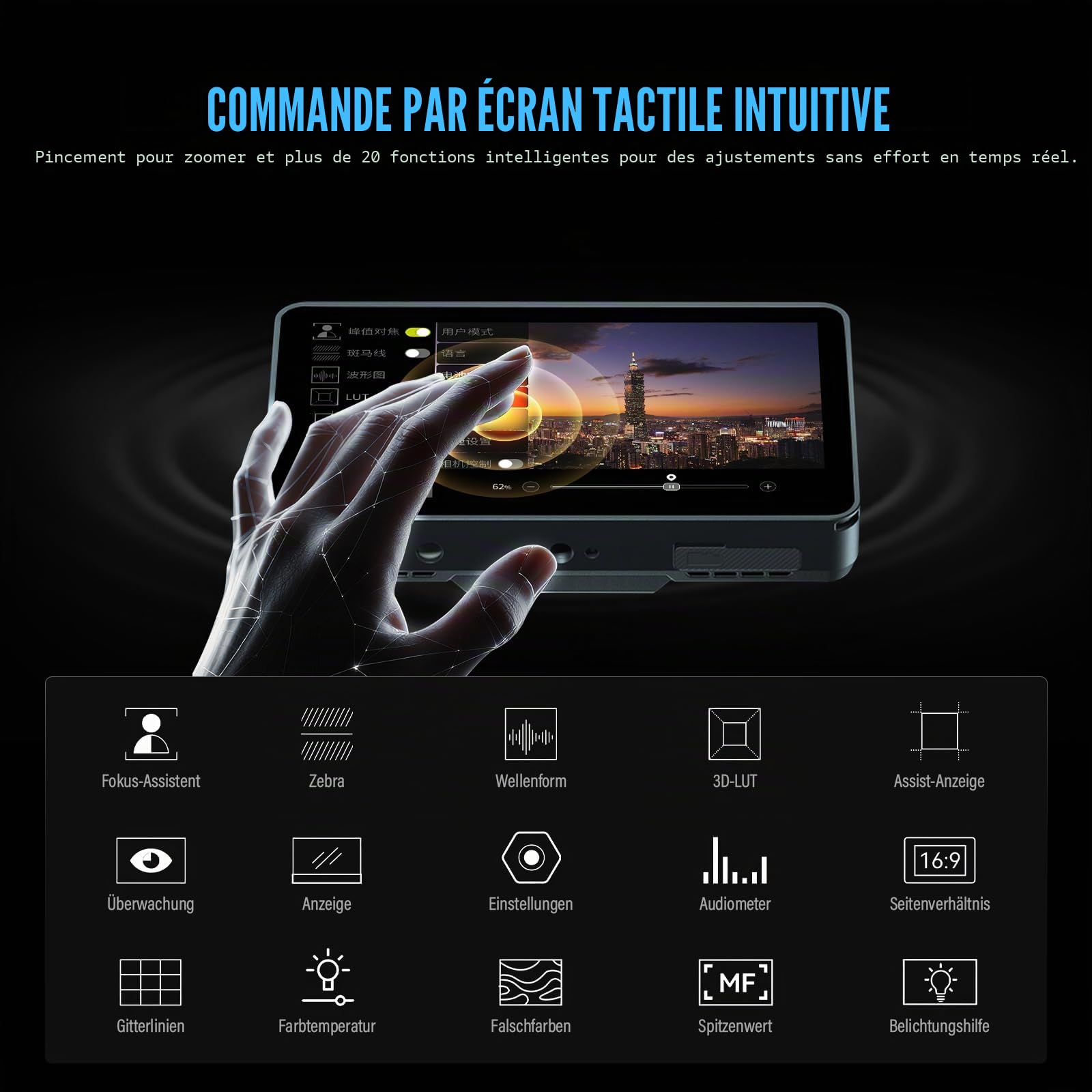 Godox GM6S Pro Kit1 5,5 Pouces 2000 Nits Écran Pivotant avec Télécommande Moniteur pour Appareil Photo 4K HDMI DSLR Moniteur de Terrain 1920*1080 IPS Contrôle Tactile avec Pare-Soleil et Support à Sem