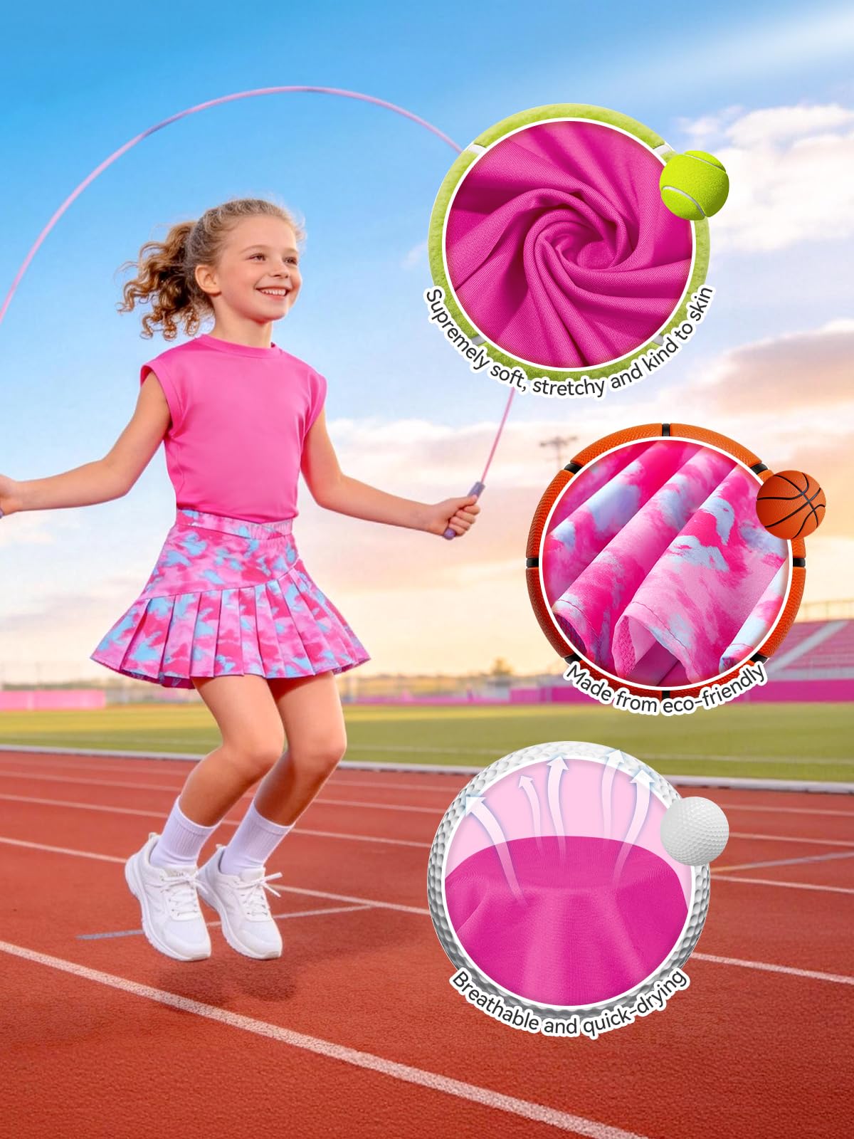 Tenue de tennis pour fille, t-shirt sans manches, jupe plissée avec poches intérieures pour short, combinaison de sport pour golf, badminton et skateboard