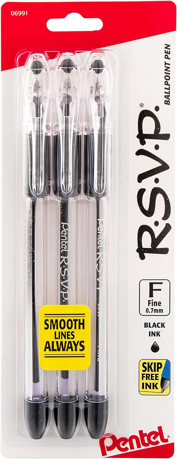 Pentel RSVP Ballpoint Pen, (0.7mm), Fine Line, Black Ink (BK90BP3A) (Pack of 1, 3 Count Total)