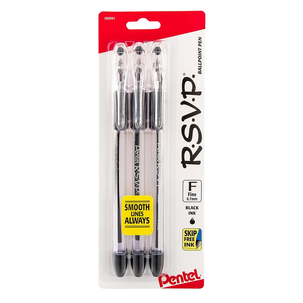Pentel RSVP Ballpoint Pen, (0.7mm), Fine Line, Black Ink (BK90BP3A) (Pack of 1, 3 Count Total)