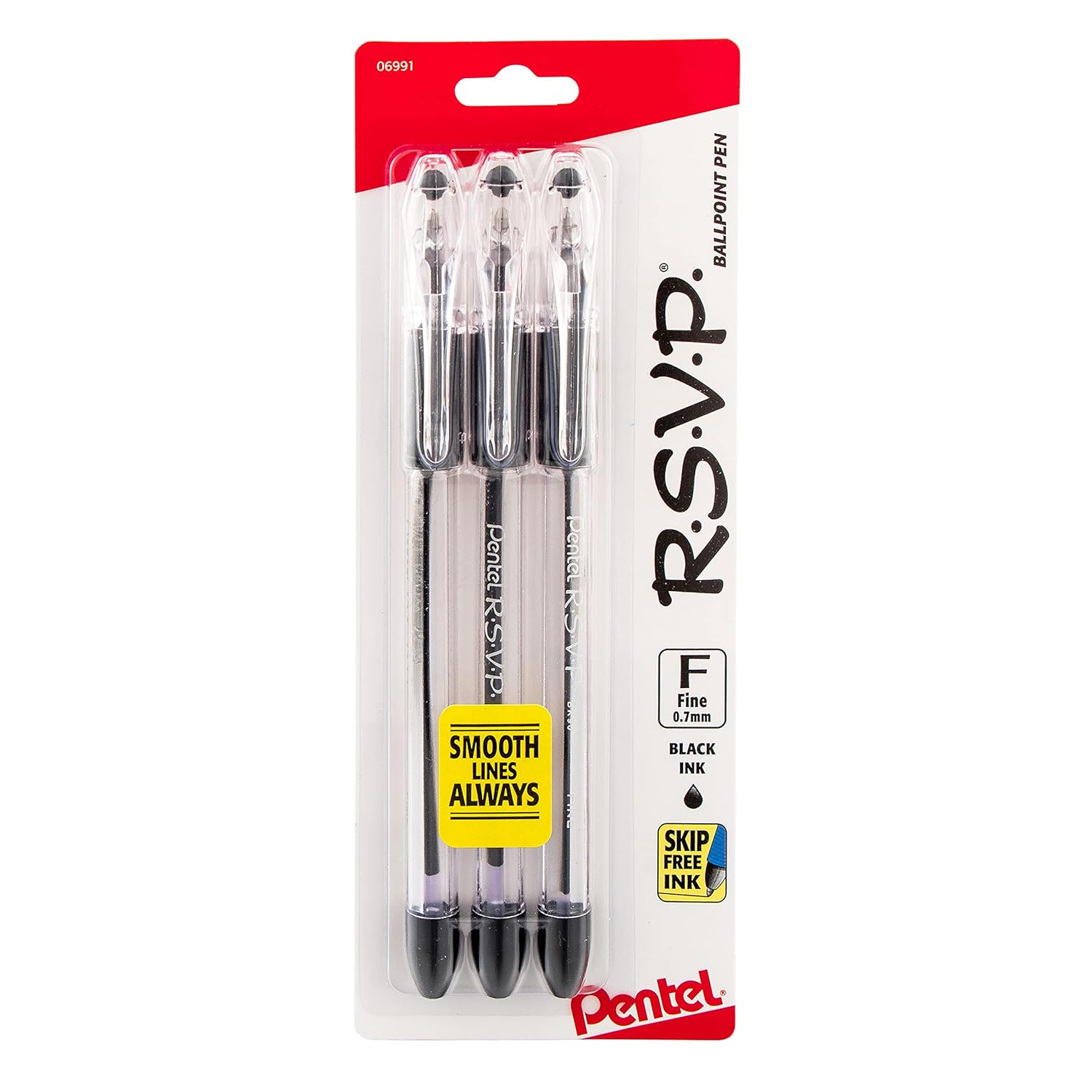 Pentel RSVP Ballpoint Pen 0 7mm Fine Line Black Ink BK90BP3A Pack of 1 3 Count Total
