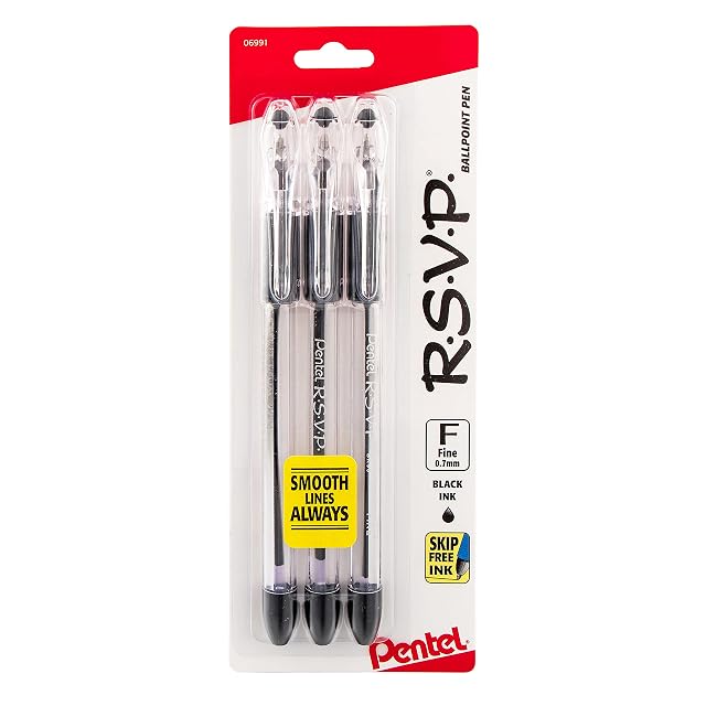 Pentel RSVP Ballpoint Pen 0 7mm Fine Line Black Ink BK90BP3A Pack of 1 3 Count Total