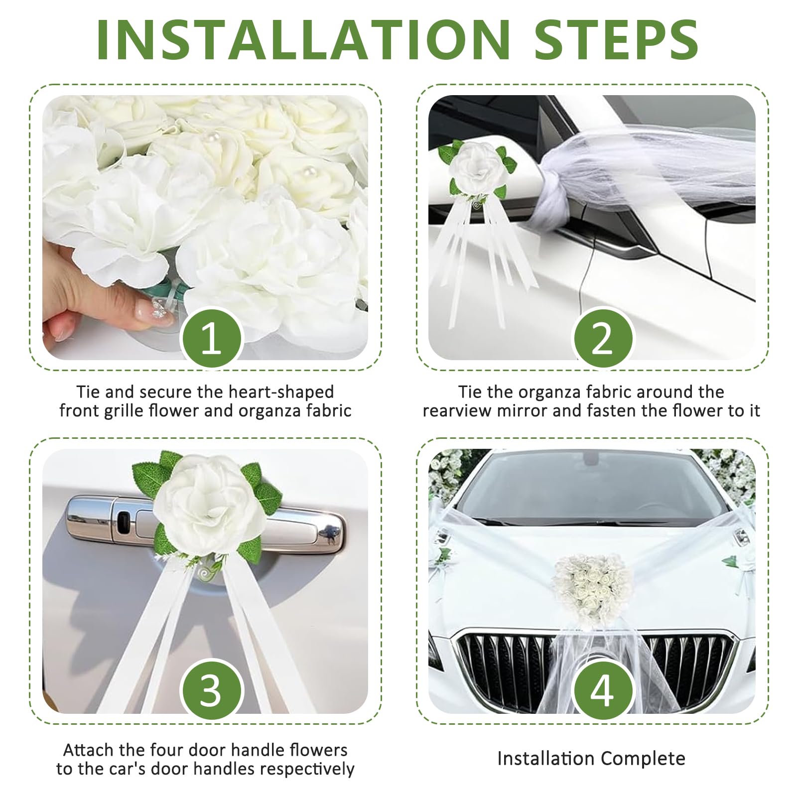 Décoration de Voiture Blanche pour Mariage, Cœur Decoration Voiture Mariage avec 1 Guirlande de Cœurs, 8 Fleurs, 2 Bandes de Tulle (1,8m), Décoration de véhicule pour Mariage et fête