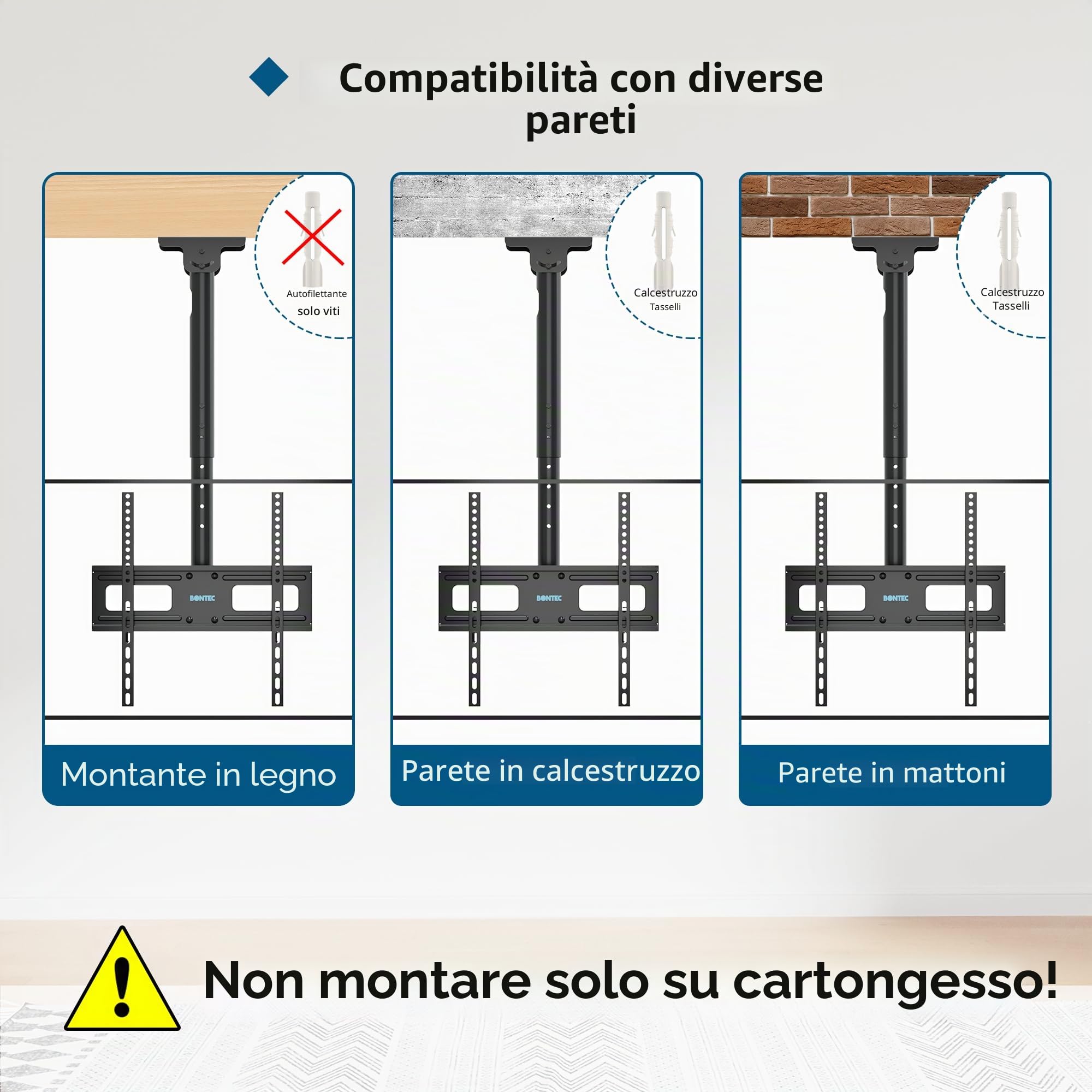 BONTEC supporto TV soffitto regolabile, staffa TV 26-65 pollici fino a 45kg, compatibile VESA 100x100-400x400, porta TV girevole 360°, altezza regolabile 73-98cm, ideale per casa, ufficio e locali