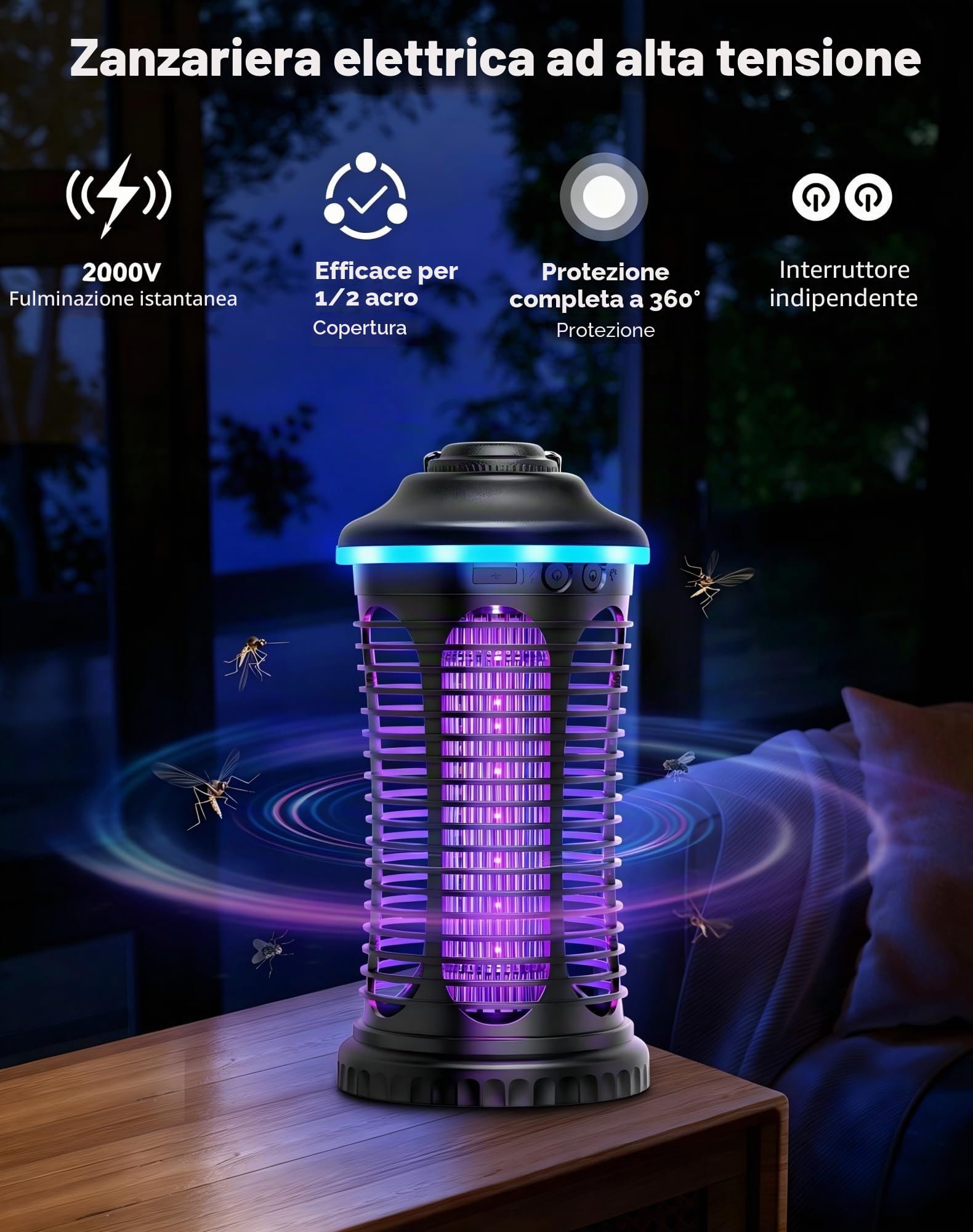 Lampada Antizanzare Elettrica, 4000mAh Zanzariera Elettrica, Trappola per Mosche per Insetti Ricaricabile USB Portatile per Casa, Cucina, Giardino, Campeggio