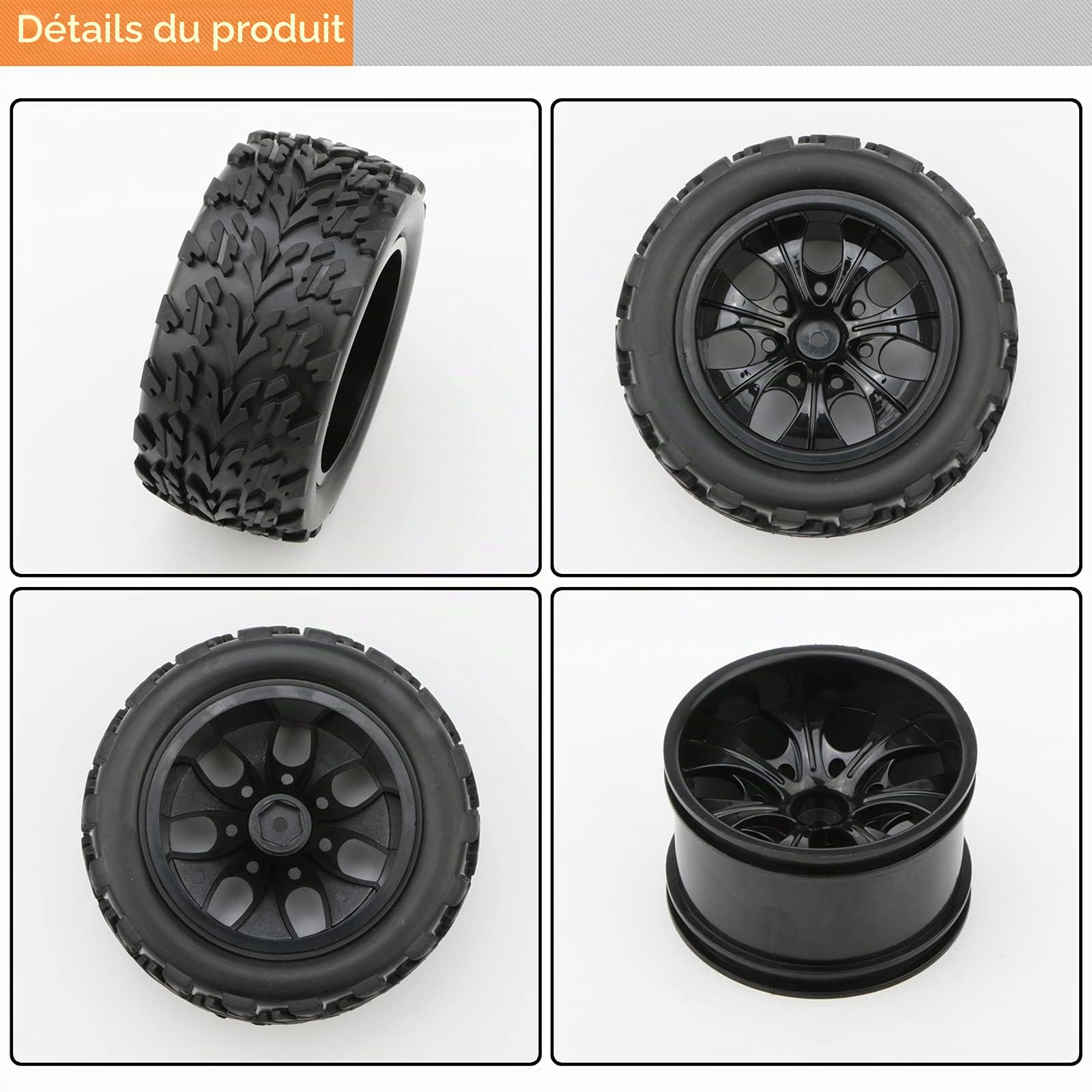 Lot de 4 pneus 1:10 RC Monster Truck avec 7 rayons Jante Noir