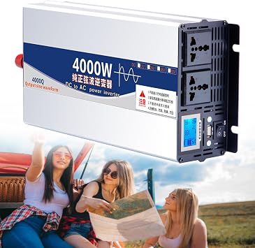4000W Power Inverter, Pure Sine Wave Car Inverter with Dual Sockets & LCD Display Screen, 12V/24V/48V/60V DC to 110V 220V AC Voltage Converter,12V to 110V