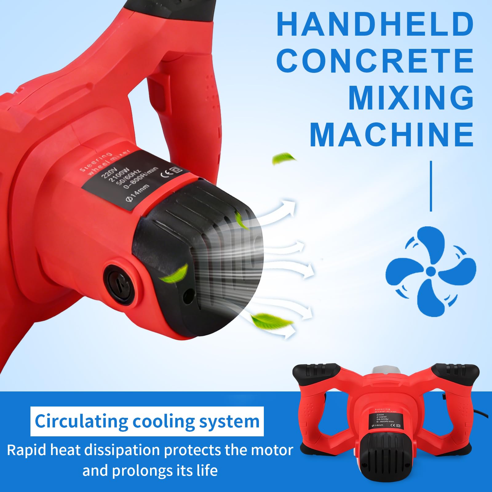Mezclador de concreto de 2100 W, doble paleta mejorada, mezclador de cemento portátil con 6 velocidades, 950 rpm, mezclador de barro de mano para mortero, pintura, lechada, yeso, delgado, herramienta