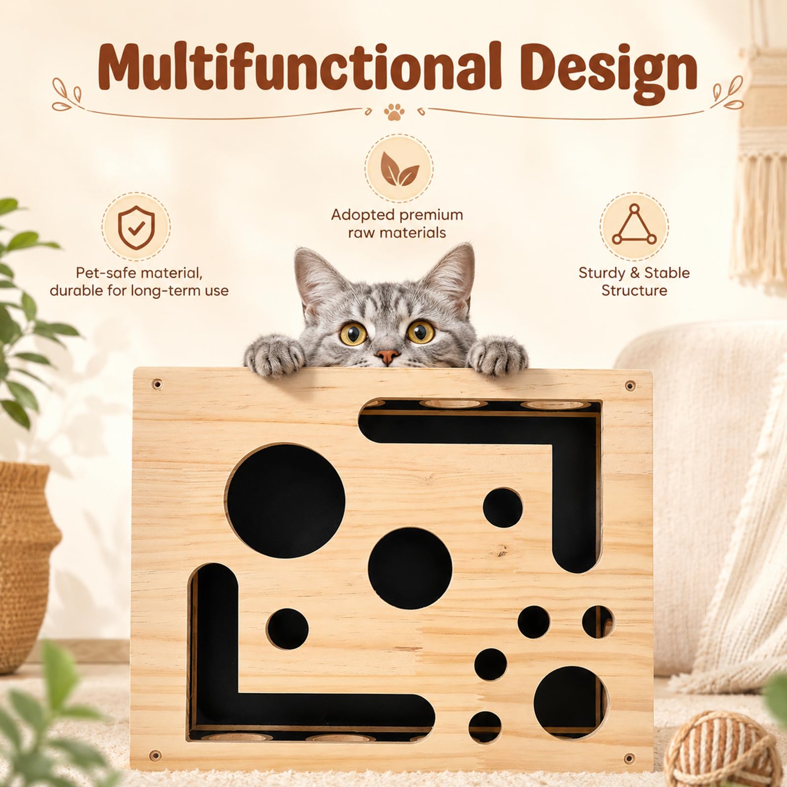 Katzen Kratzpuzzle 2-in-1 Nagelfeilen Box mit Sandpapier, Interaktives Katzenspielzeug Holz für Stressfreie Krallenpflege & Möbelschutz, Kratzbrett Ersatz für Wohnungskatzen, Natur