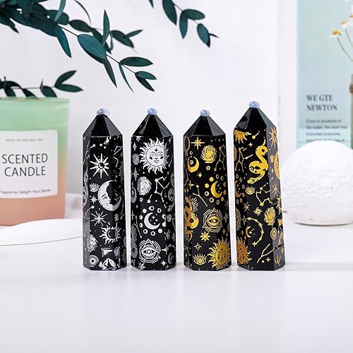 Miniatura 5 de Runyangshi 1 pieza de obsidiana de cristal natural de 3.54 a 3.94 libras de torre hexagonal dorada arenada estrella, luna y sol, patrón de una sola