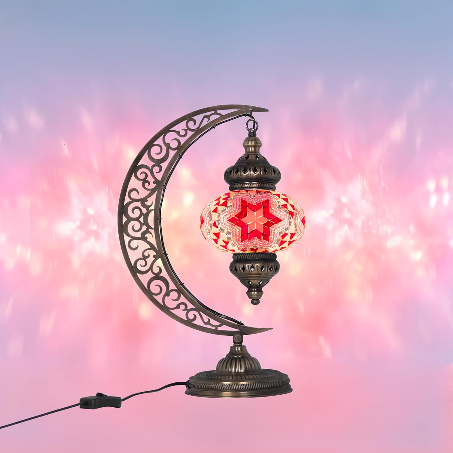 Turkish Handmade Mosaic Moon Bedside Light - Stained Glass Lamps, Swanneck Colorful Lights, Tiffany Style with Pink Flower Colored Glass