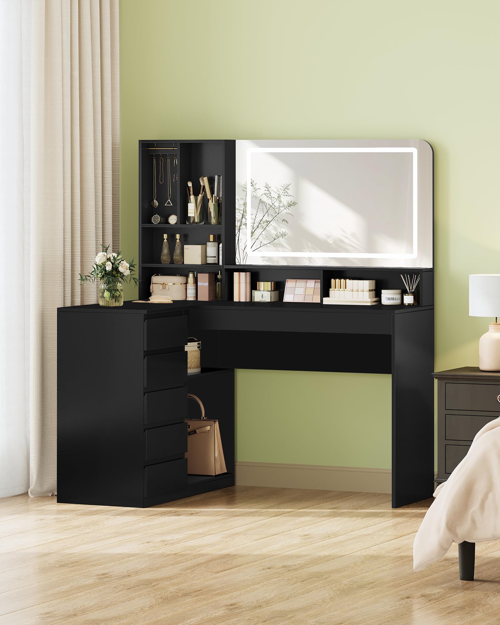 Hzuaneri Schminktisch mit Große Spiegel,Schminktisch mit LED-Beleuchtung, L-Förmiger Eck- mit 5 Schubladen und 7 Offenen Fächern, Kettenhaken, Schlafzimmer, Ankleidezimmer, Modern, Schwarz DT42506XEU