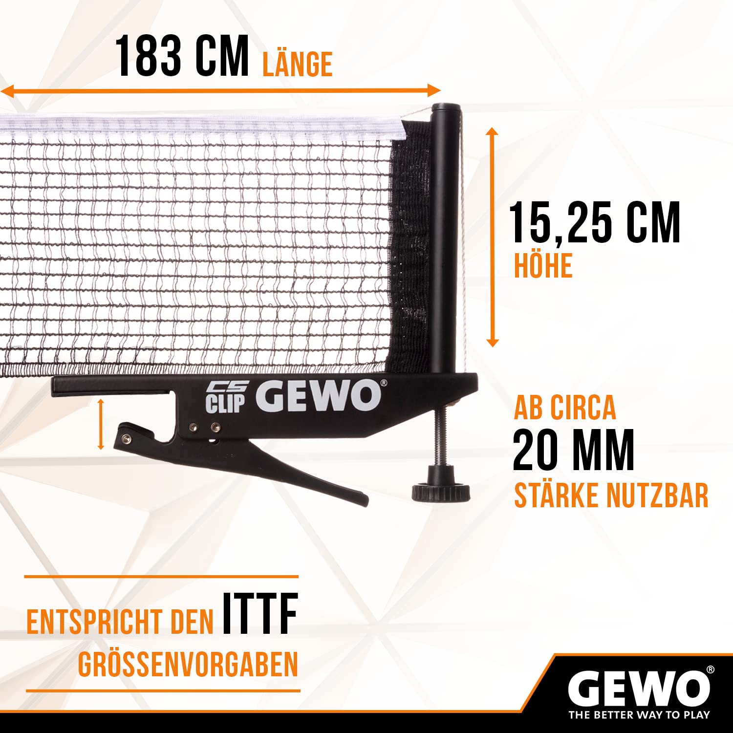GEWO CS Clip - Rete da ping pong robusta per tavolo da ping pong, set in metallo per morsetto con vite in altezza e struttura a rete resistente, colore: nero, lunghezza 152,5 cm