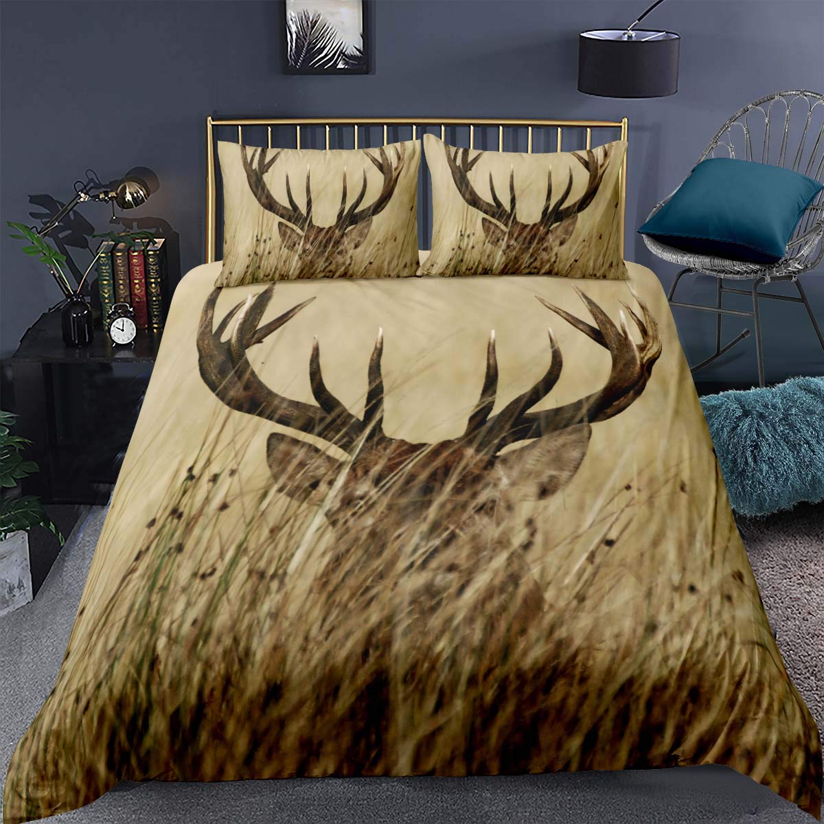 Loussiesd Antler Bedding Set Single,Whitetail Deer Fawn in Wilderness,Decorative 2 Pieces:1 Duvet cover & 1 Pillow case,With Zipper Ties,Sand Brown