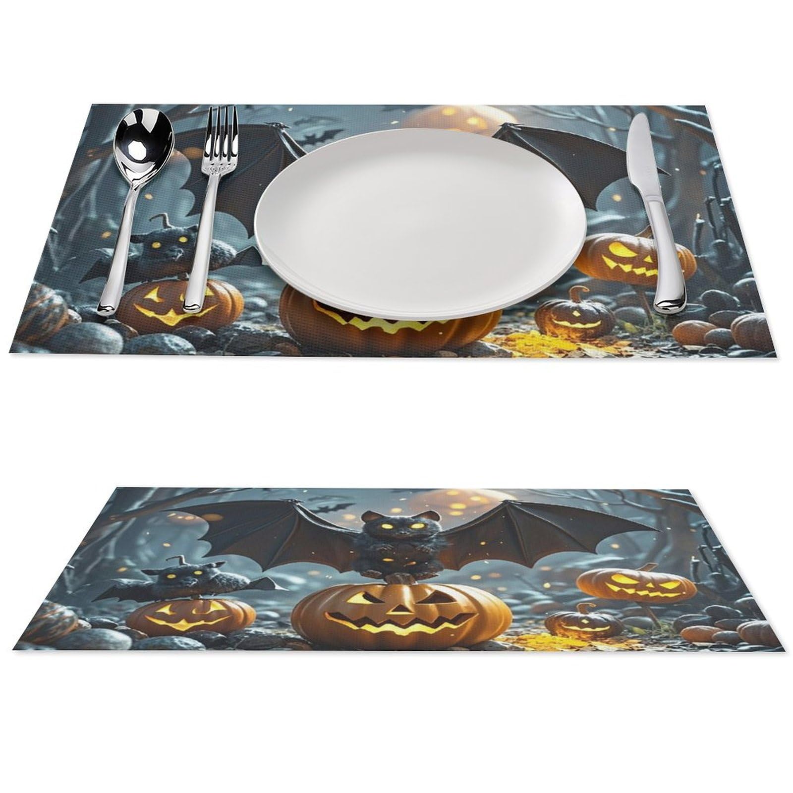 6 PCS Placemats Set PVC Vinyl Woven Table Mats Heat-Resistant Farmhouse Place Mat Non-Slip Washable Halloween Bat Woven Placemats for Dining Table Kitchen Weddings Party Decor