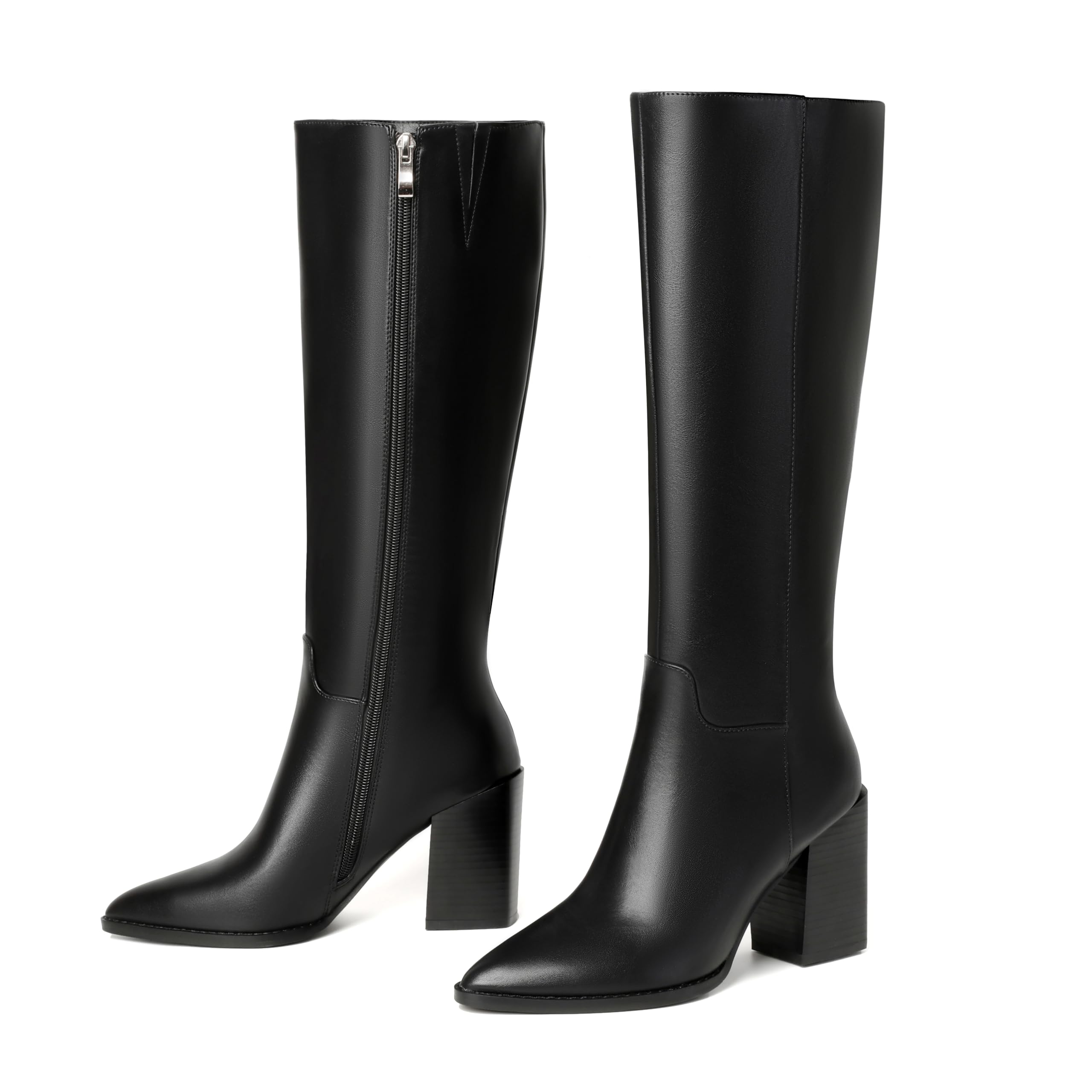vivianly Womens Knee-High Boots Sexy Pointed Toe Block Heel Zipper Fashion Retro High Boots