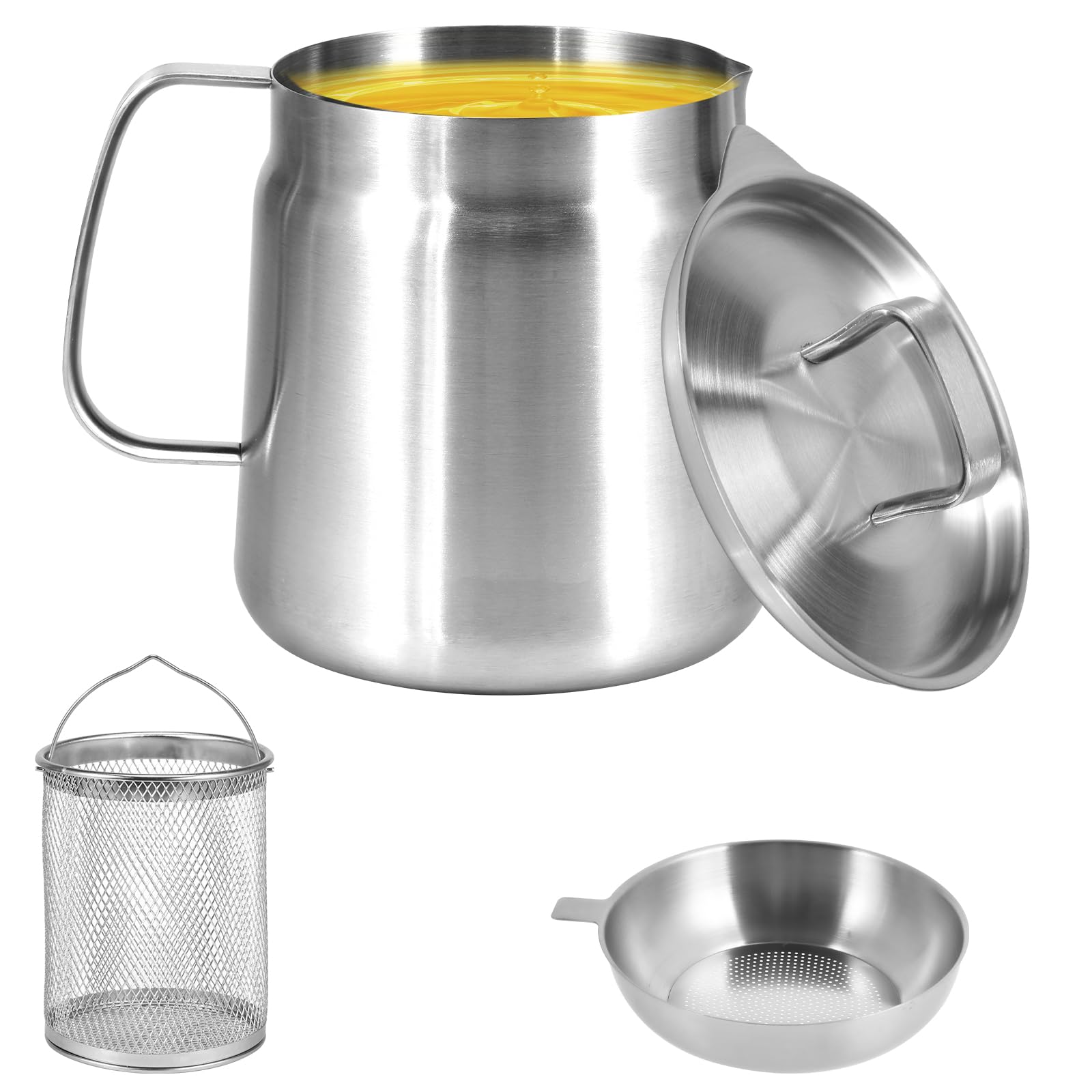 Vaso per filtro dell'olio in acciaio inox, 1,5 l/2 l, capacità, con filtro a rete fine e cestello per friggitrice, serbatoio per filtro dell'olio multifunzionale, contenitore per grasso per